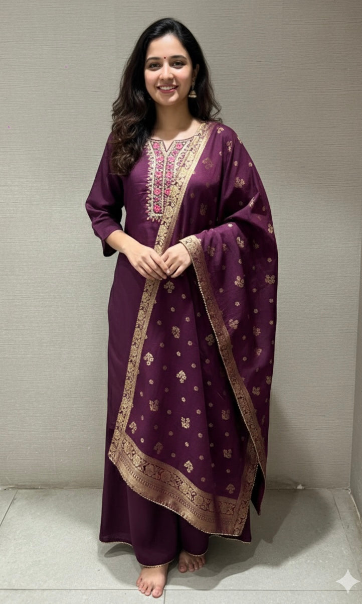 WINE EMBROIDERED KURTA SET