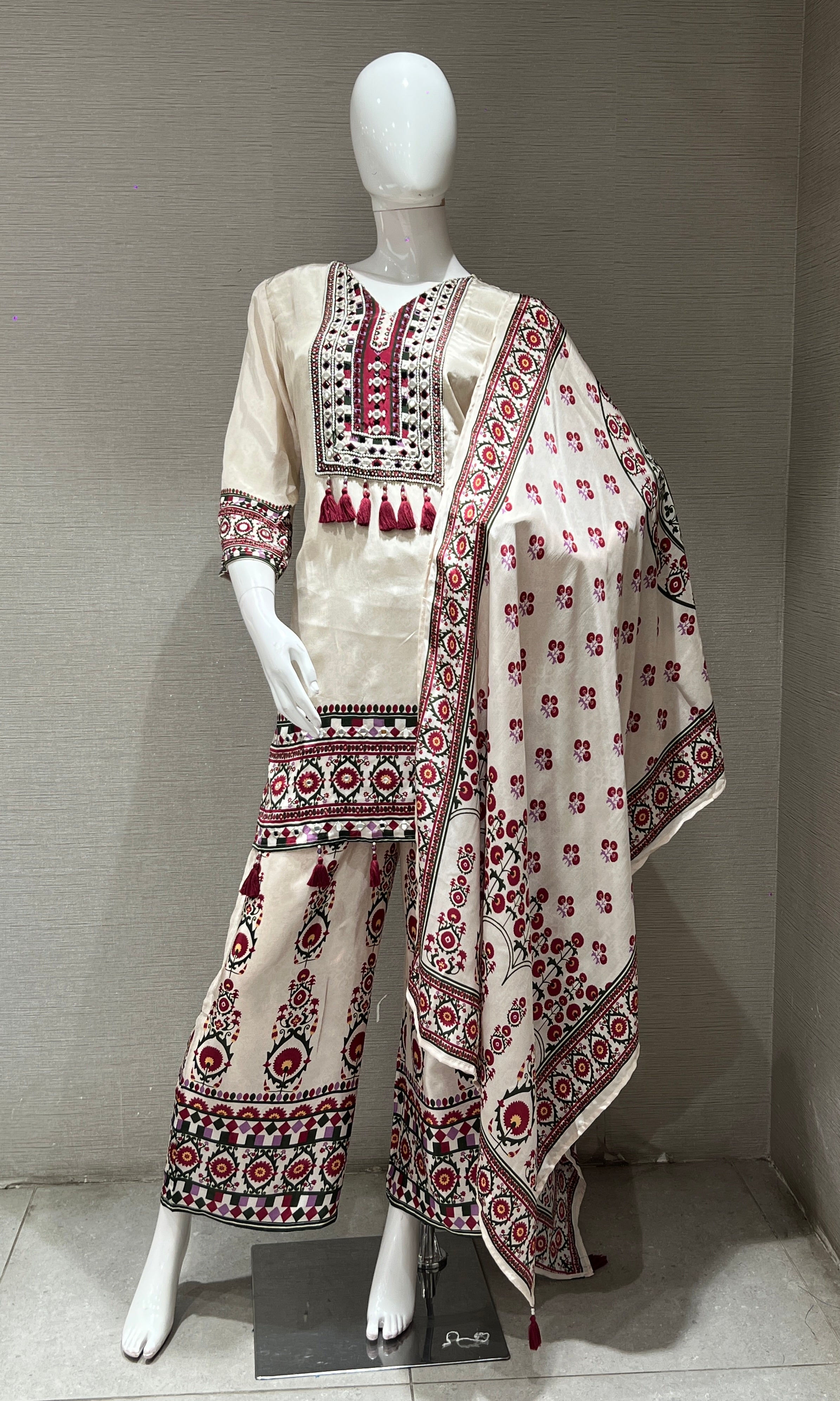 white and maroon printed kurta set with palazzo pants