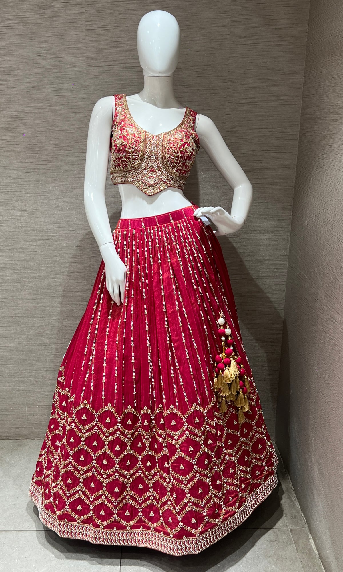 Bright red maroon tissue Embroidered Lehenga