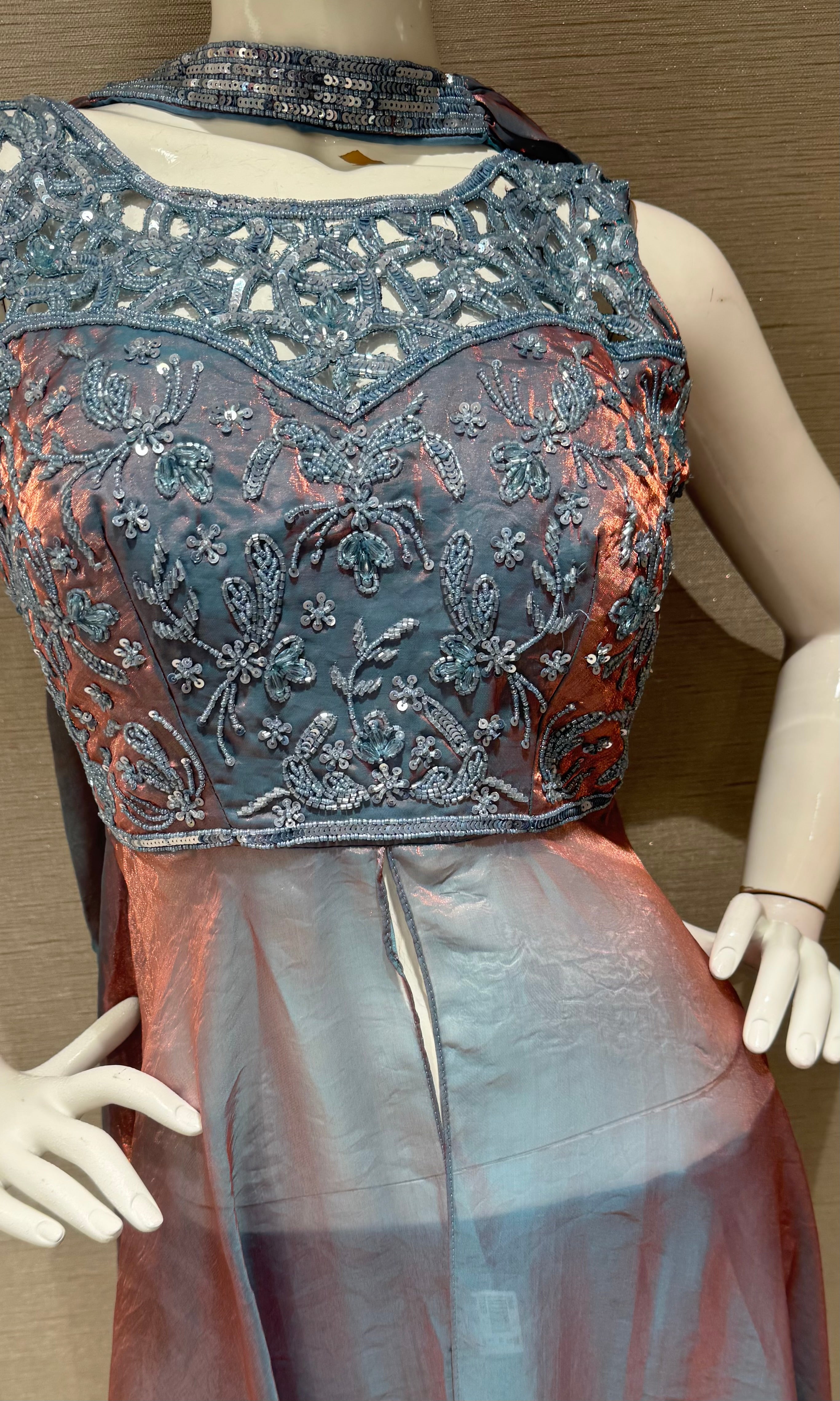 Blue shimmer front slit anarkali palazzo set