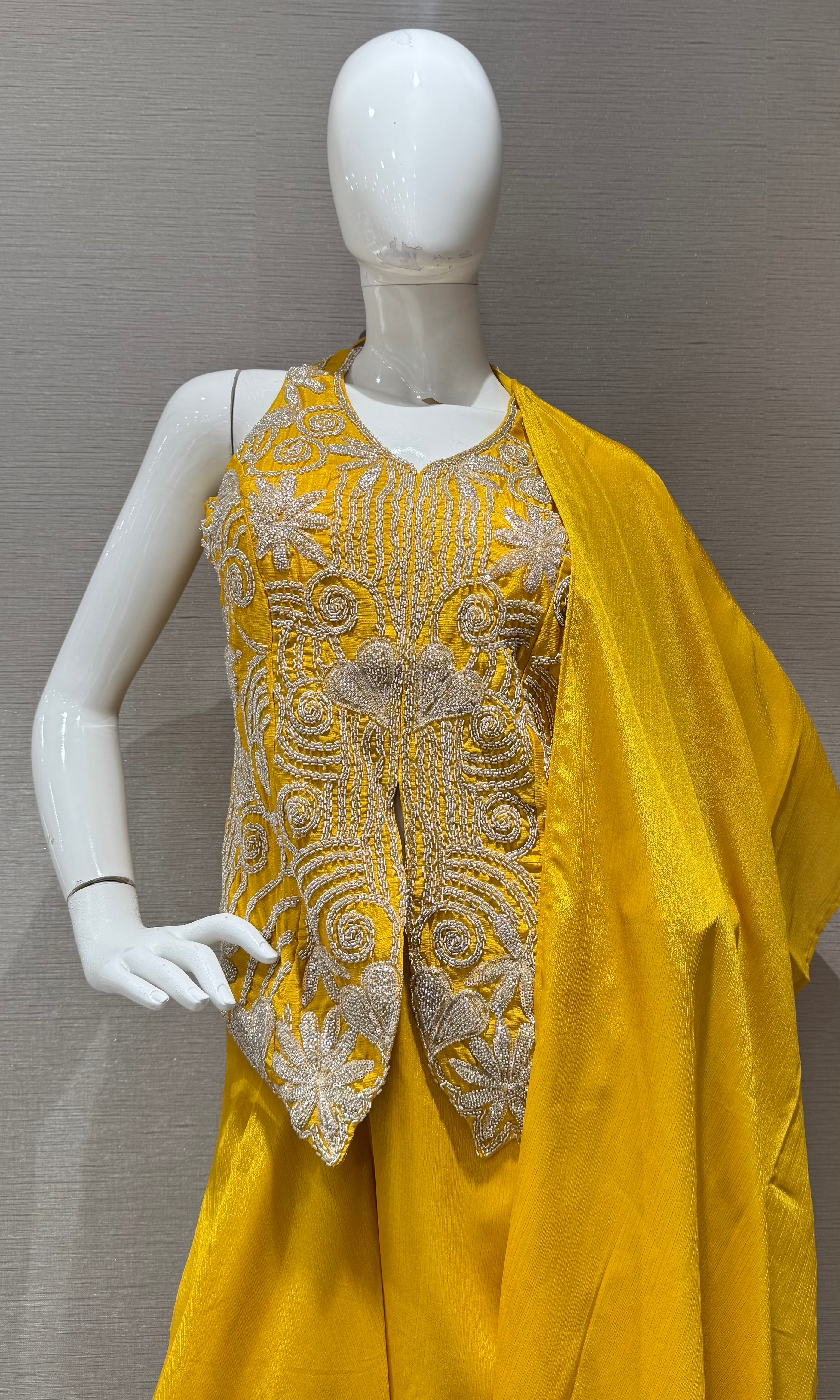 Yellow Peplum top with Flared palazzo set