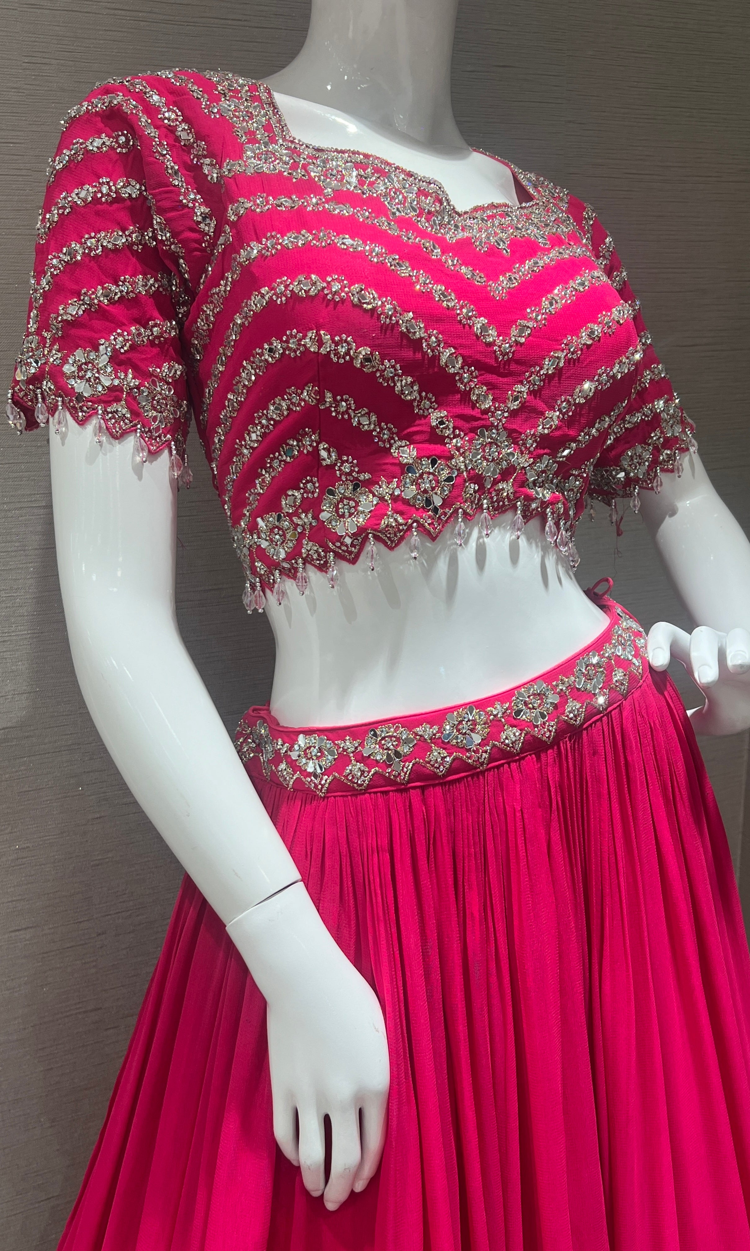 Pink georgette lehenga with gold embroidery