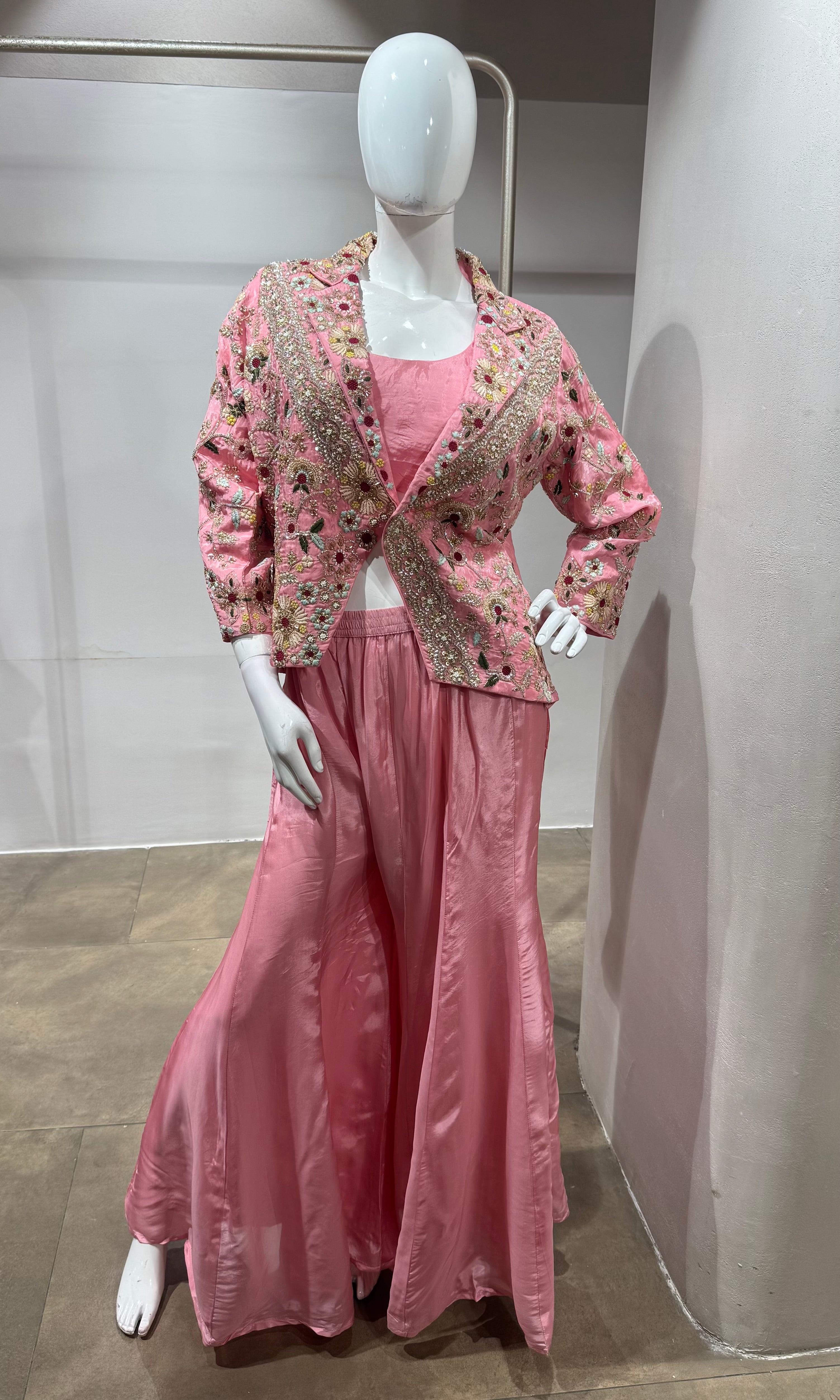 Pink Floral Embroidered Jacket palazzo Suit