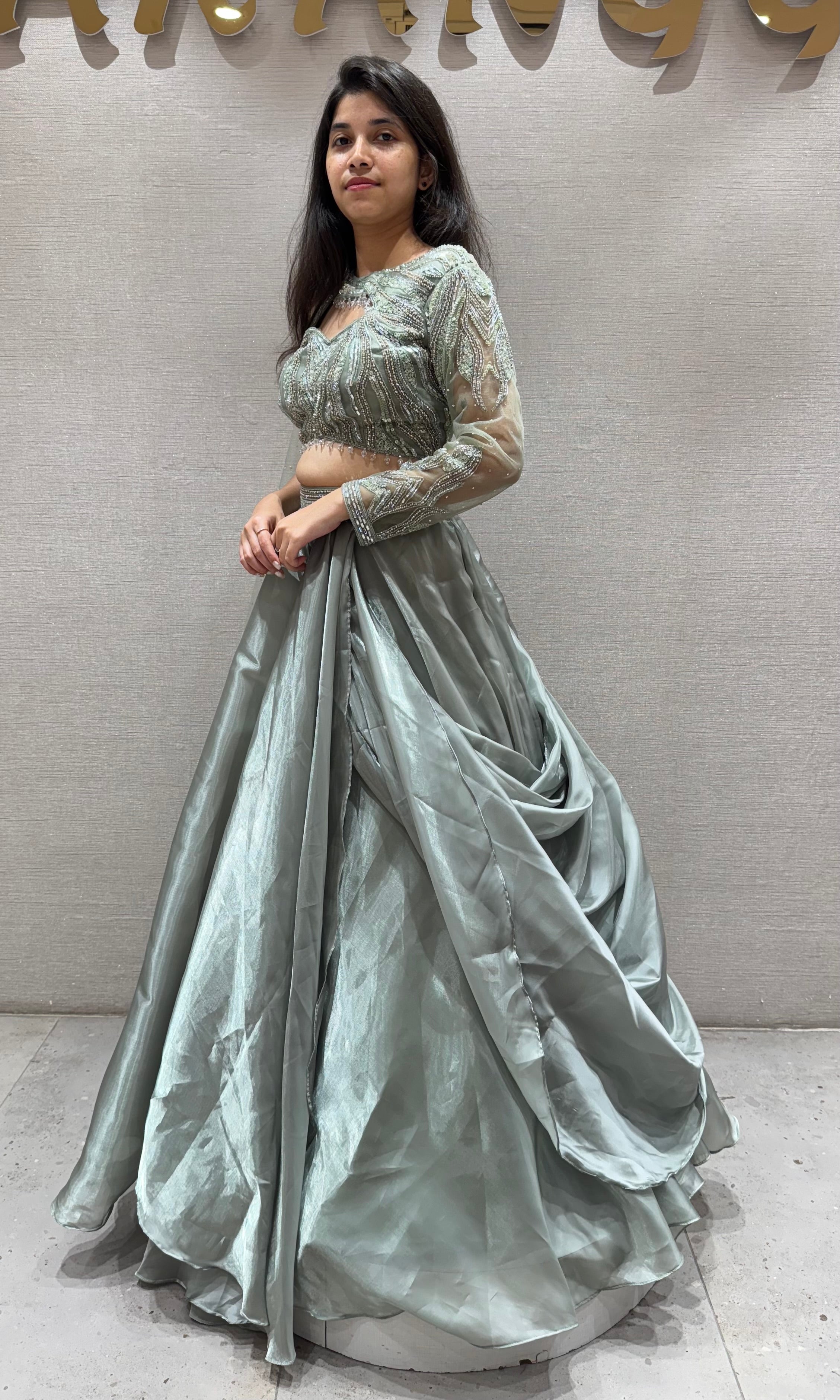 Pista green Organza Embroidered Lehenga Set