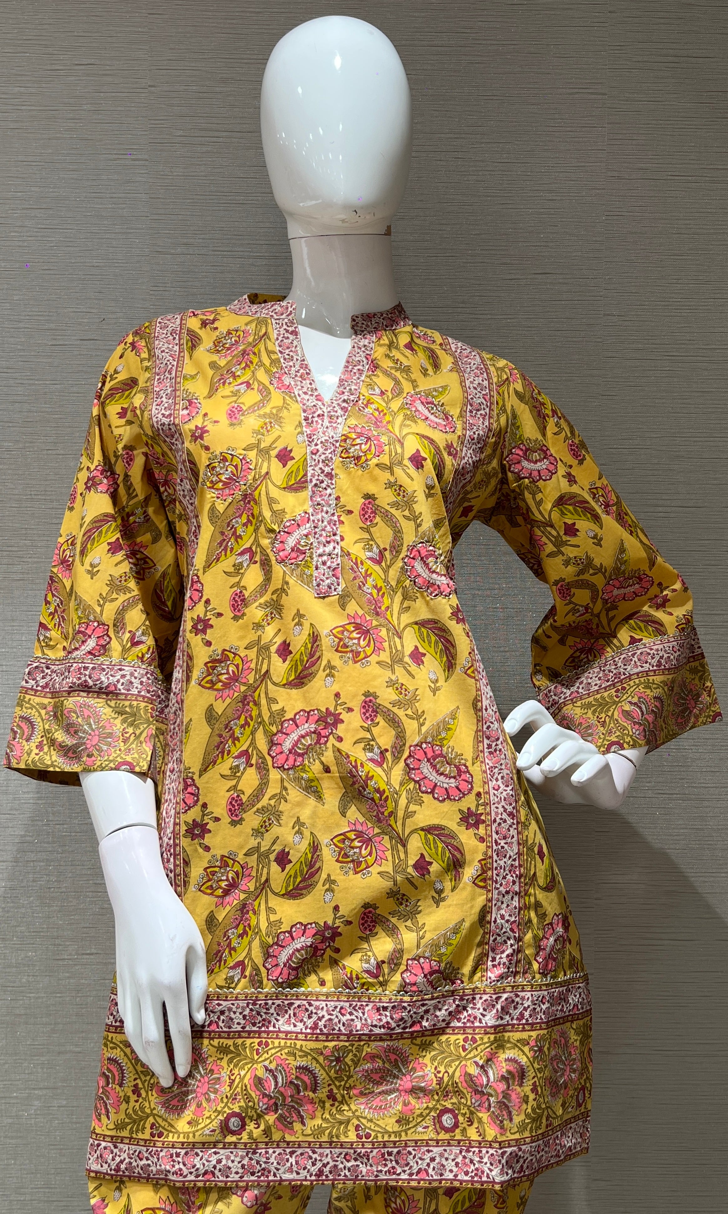 Yellow FLORAL PRINT KURTI WITH BOTTOM