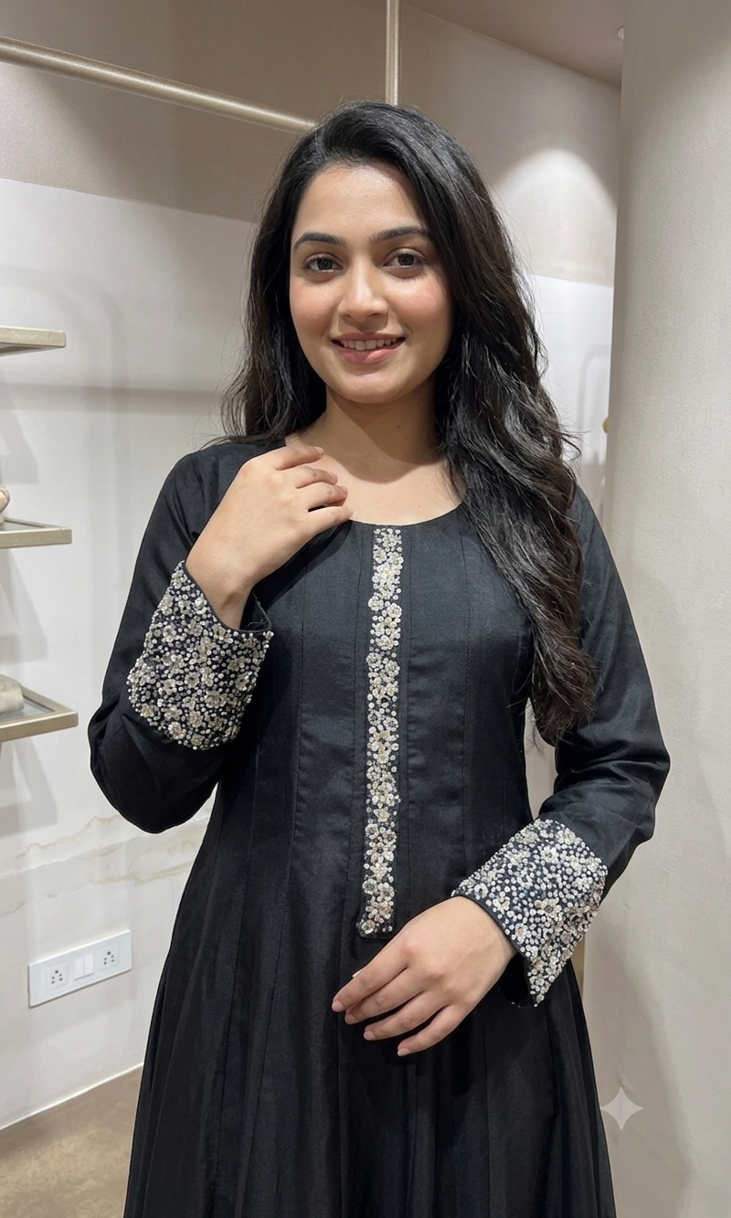 black Straight Kurta Set with Mirror Embroidery