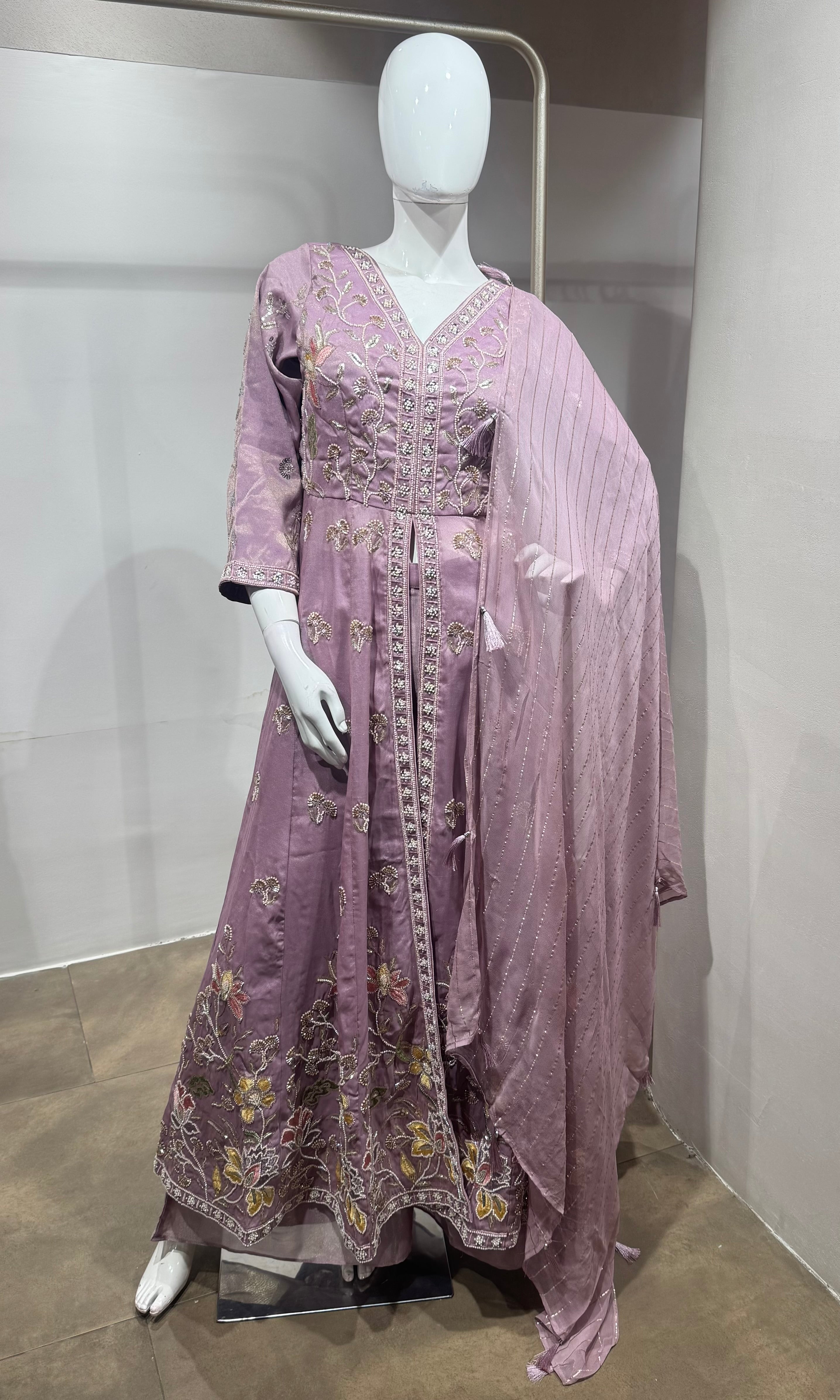 Lavender floral front slit Anarkali set