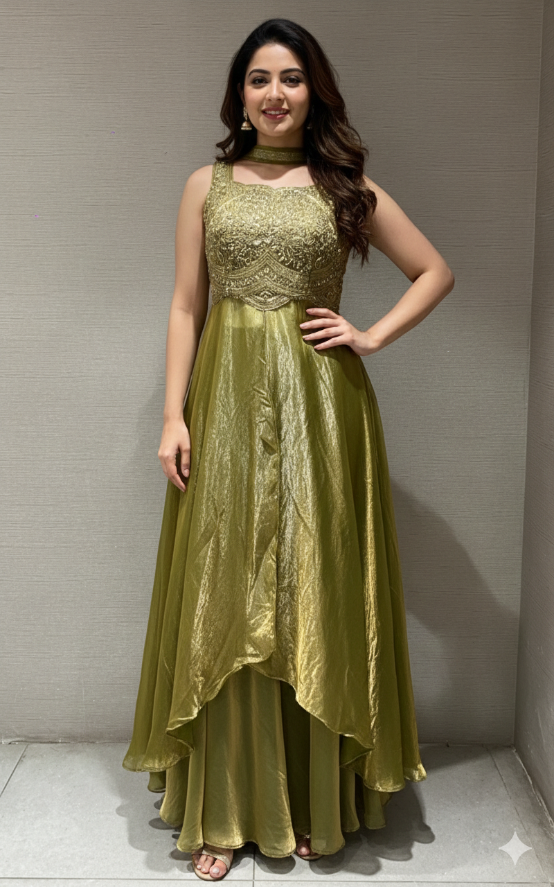 Green EMBROIDERED ANARKALI WITH PALAZZO PANTS