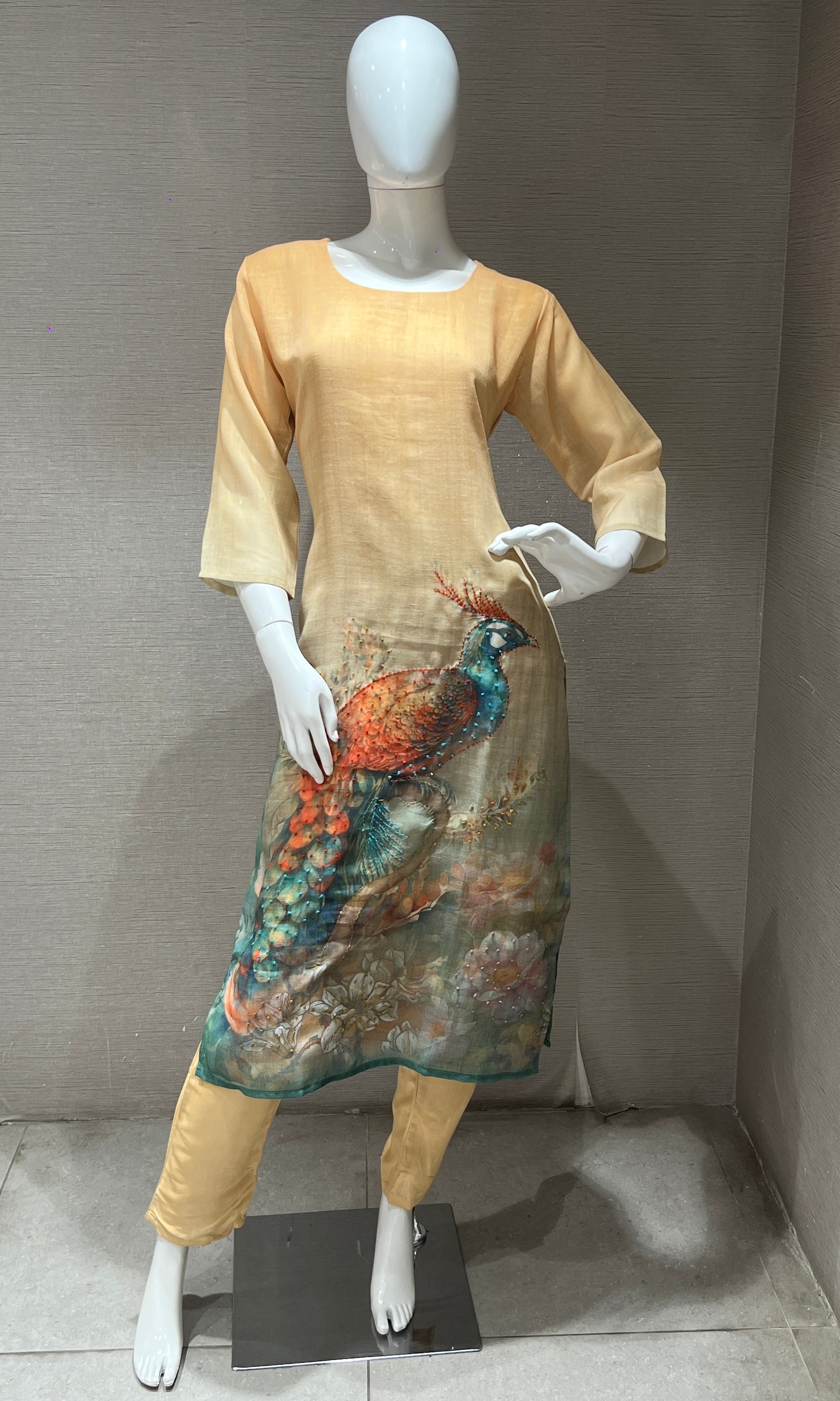 Golden beige floral kurta set