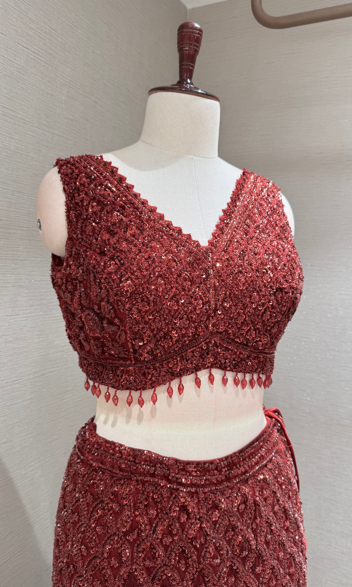 Wine Embroidered fish cut Lehenga Set with Sheer Dupatta