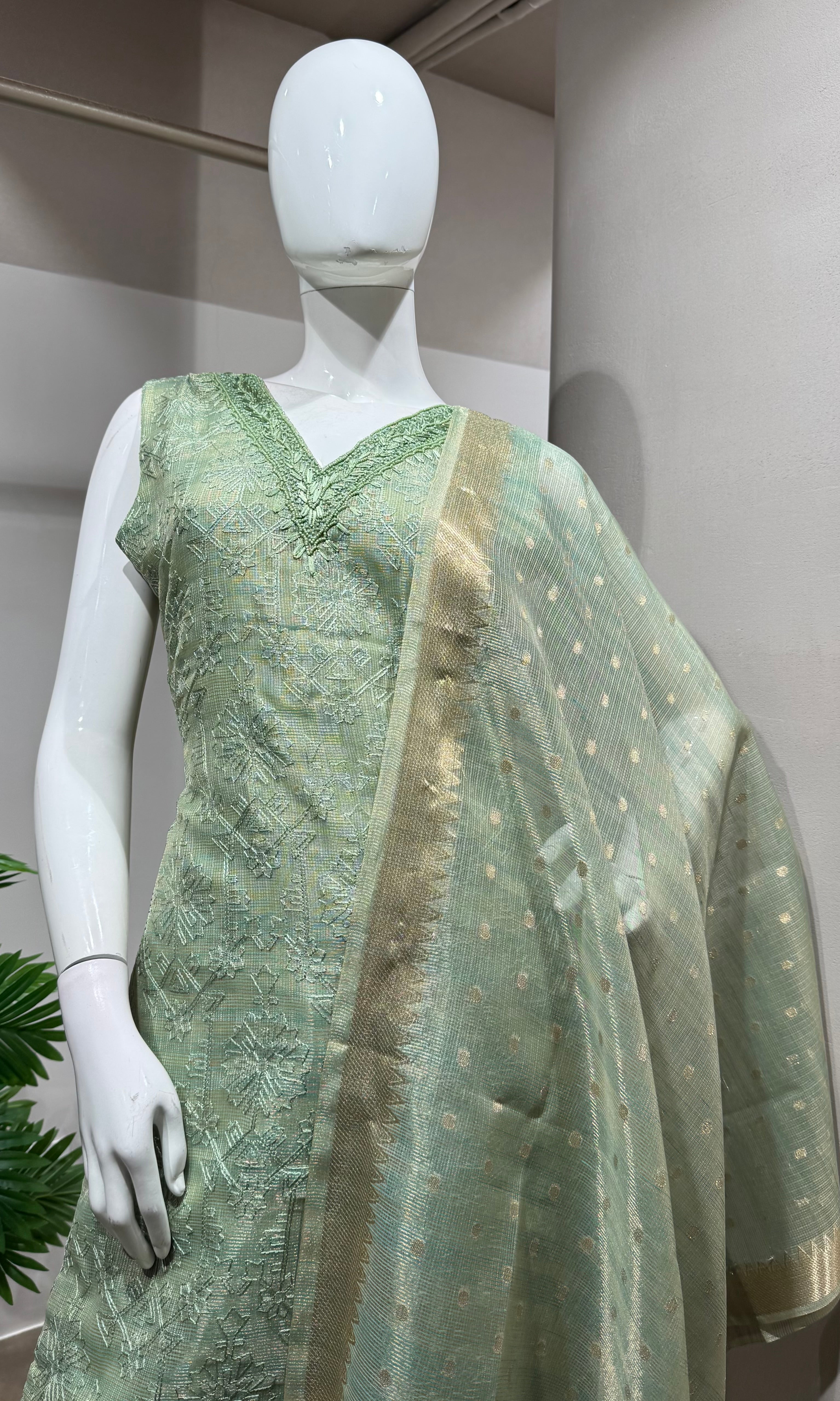 Pista Green Banarasi Silk kurta set