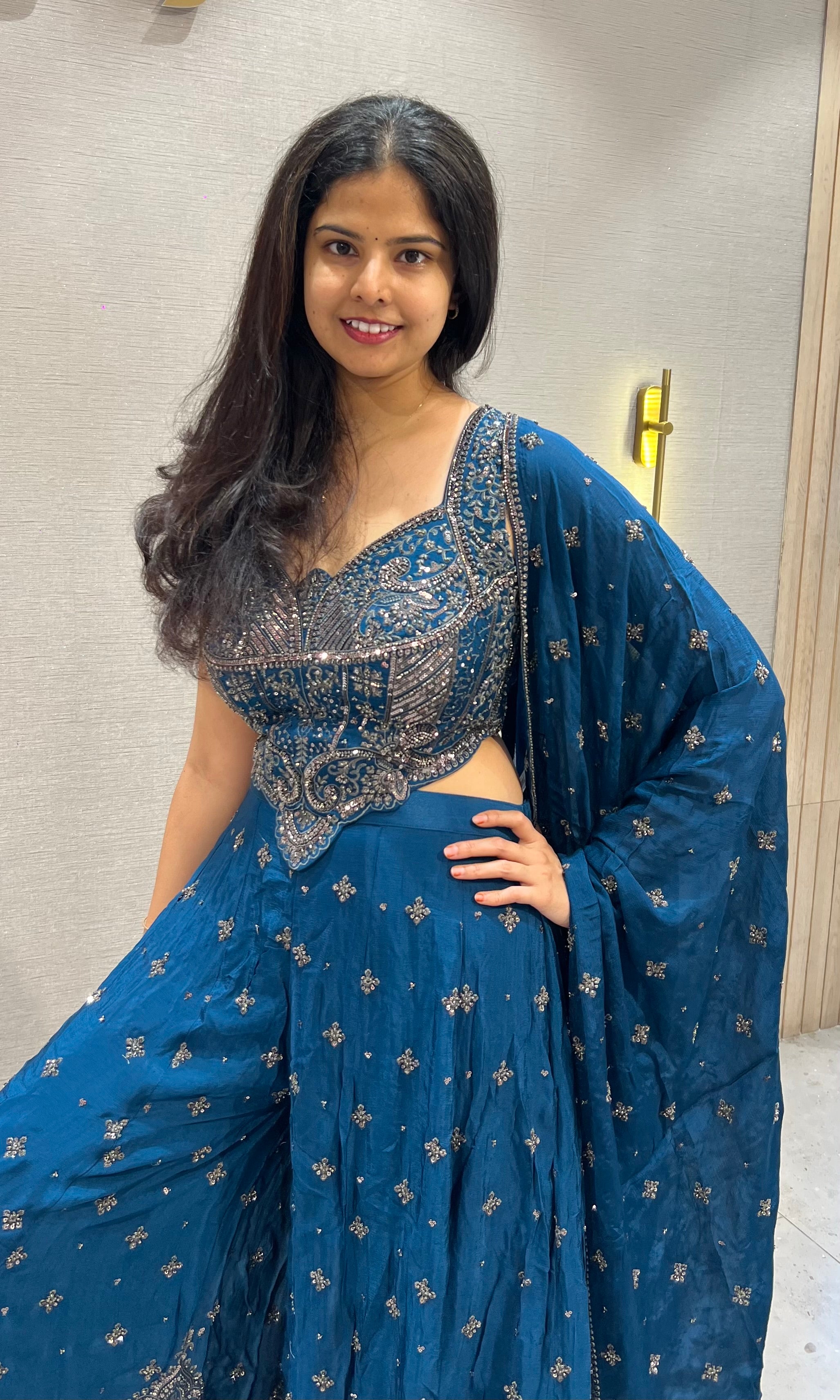 Navy Blue Chinon silk Embroidered Crop top Palazzo set