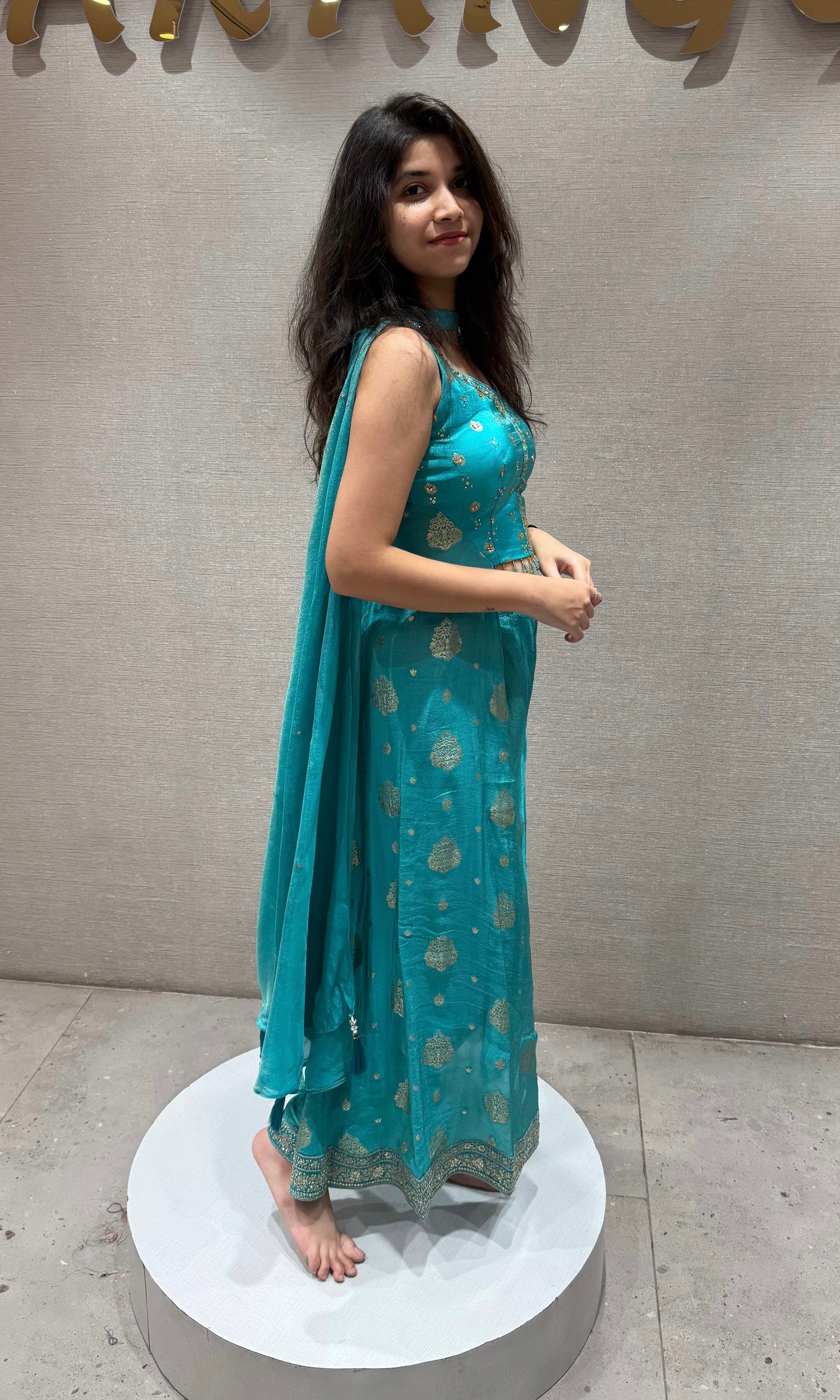 Aqua BLUE Slit Top & straight Pant Set