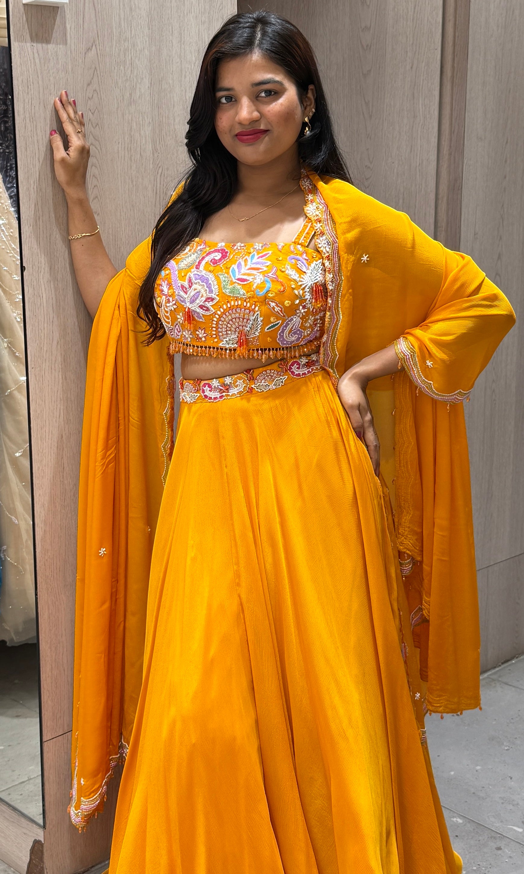 Orange lehenga with cape 1000