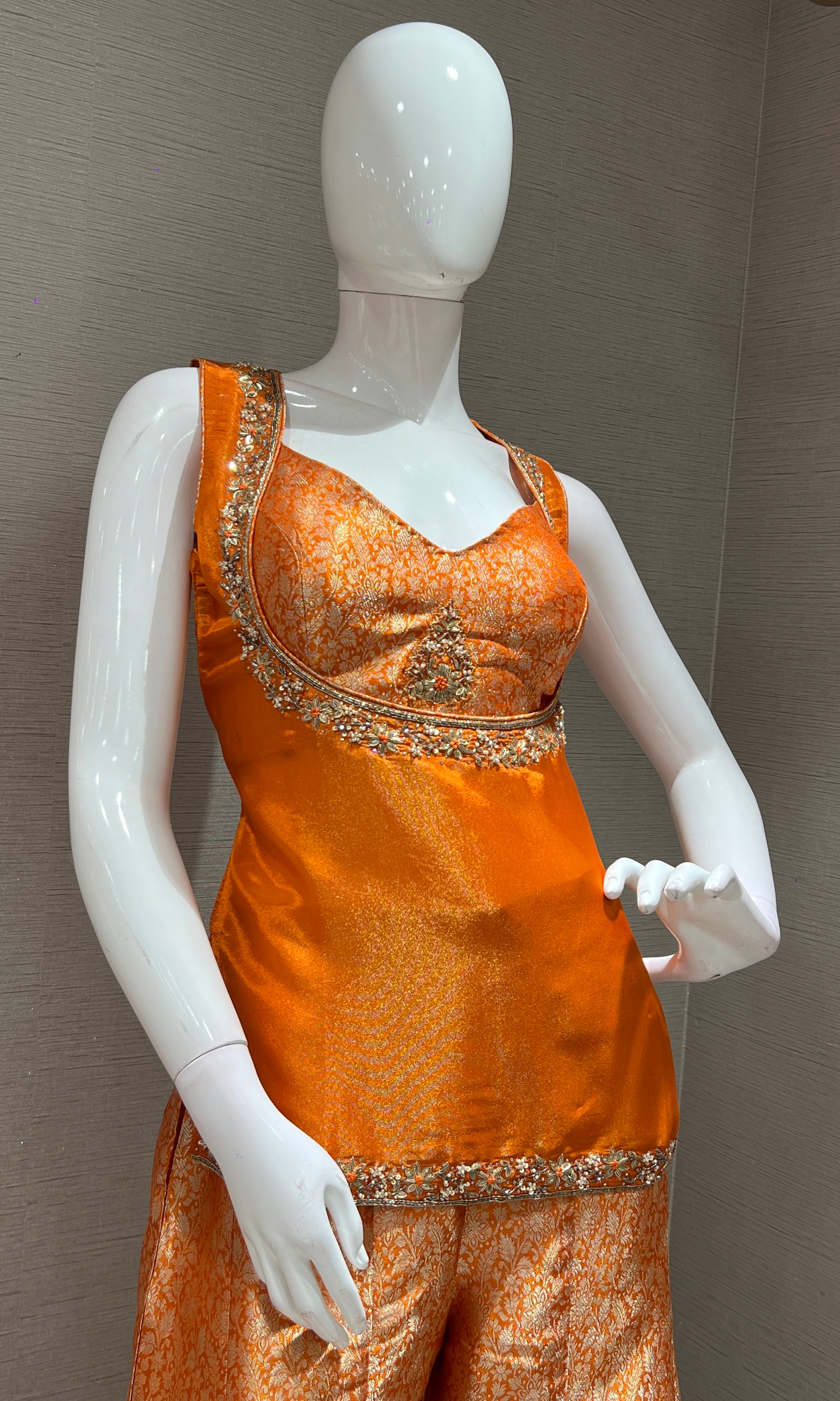 orange silk crop top and flared SHARARA set