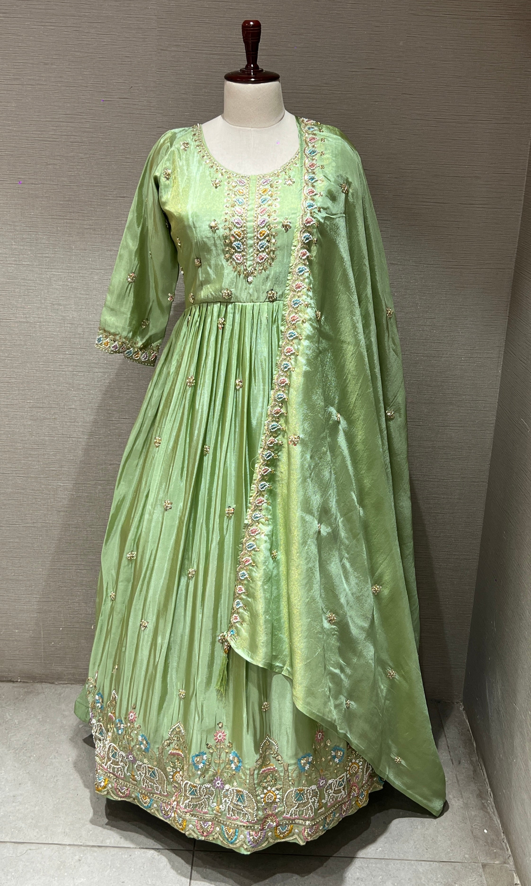Light Green Embroidered Anarkali Gown with Dupatta