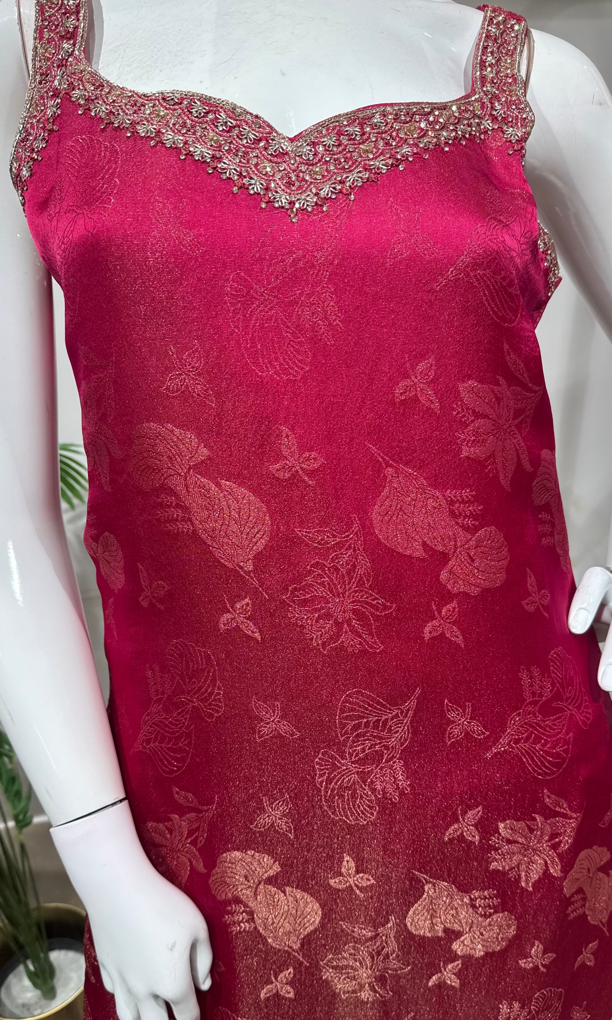 Rani Pink Banarasi Silk Straight Kurta Set