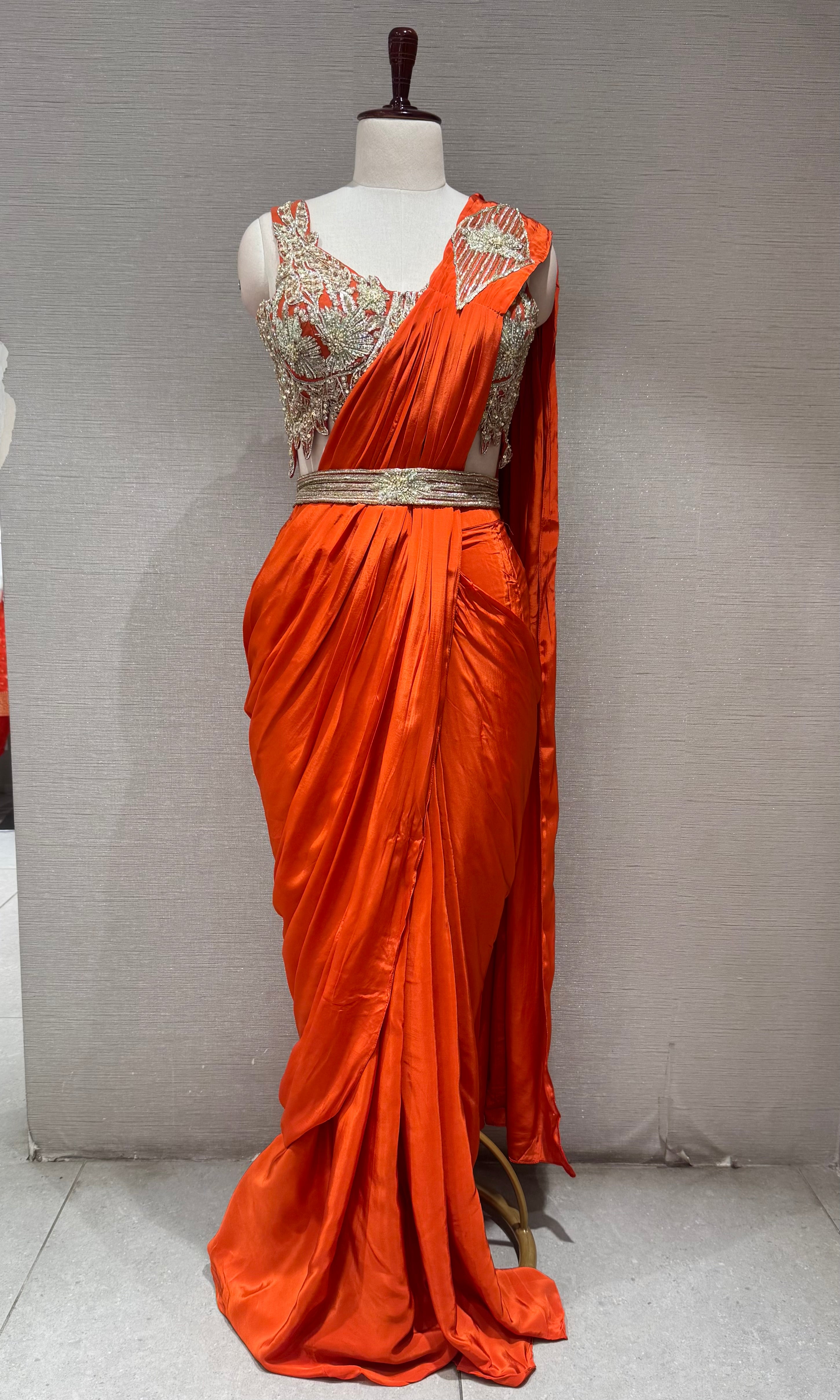 Orange Draped Saree with embroidered blouse & belt