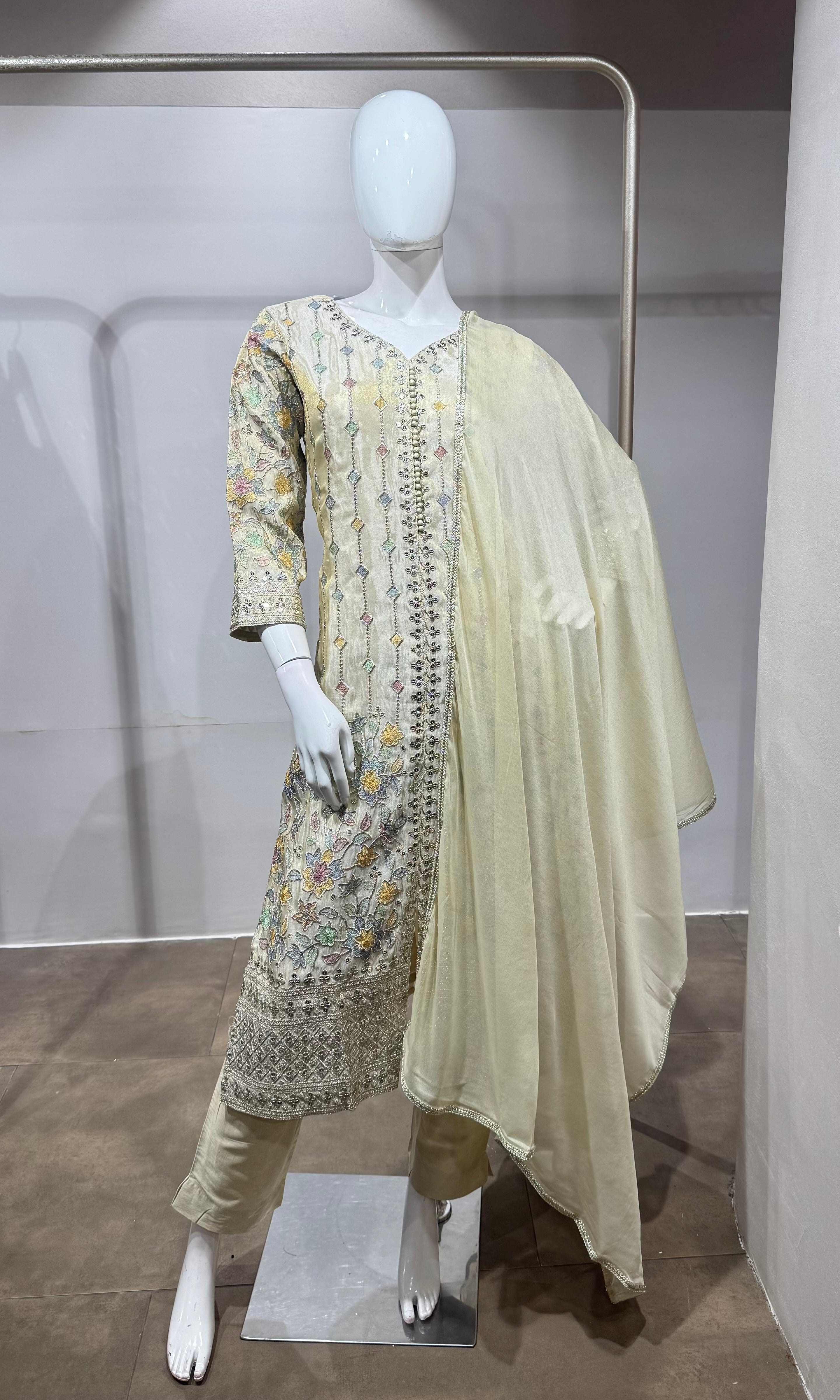 Cream Floral Embroidered Straight Kurta SET