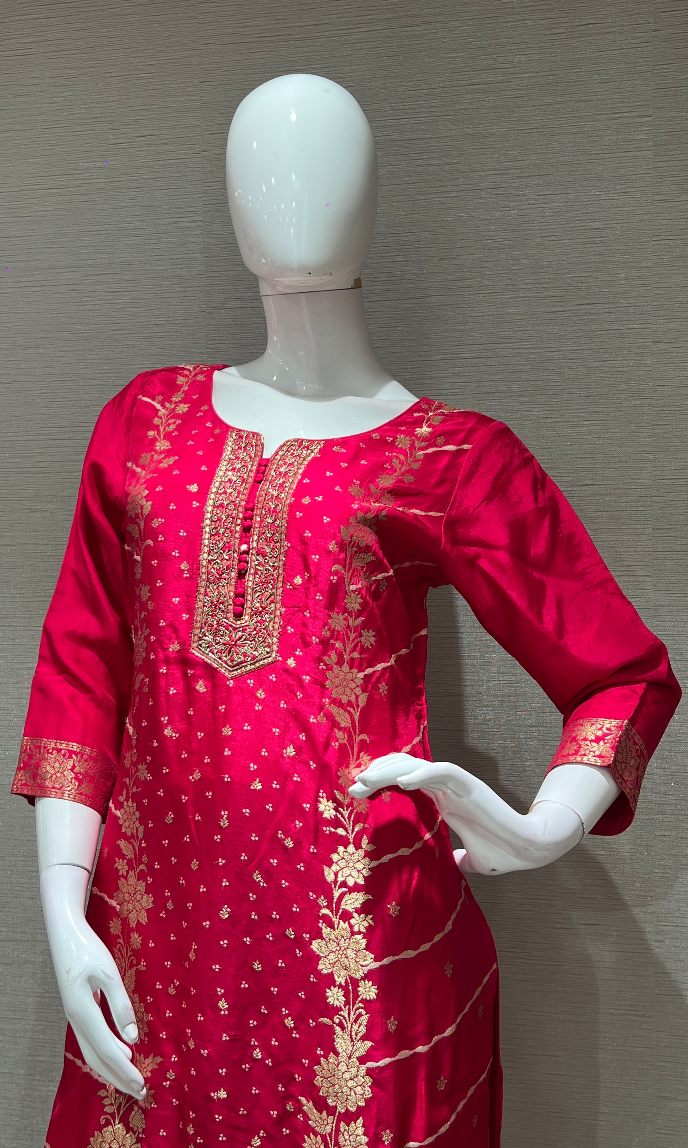 Rani Pink Kurta Set with Gold Print Dupatta