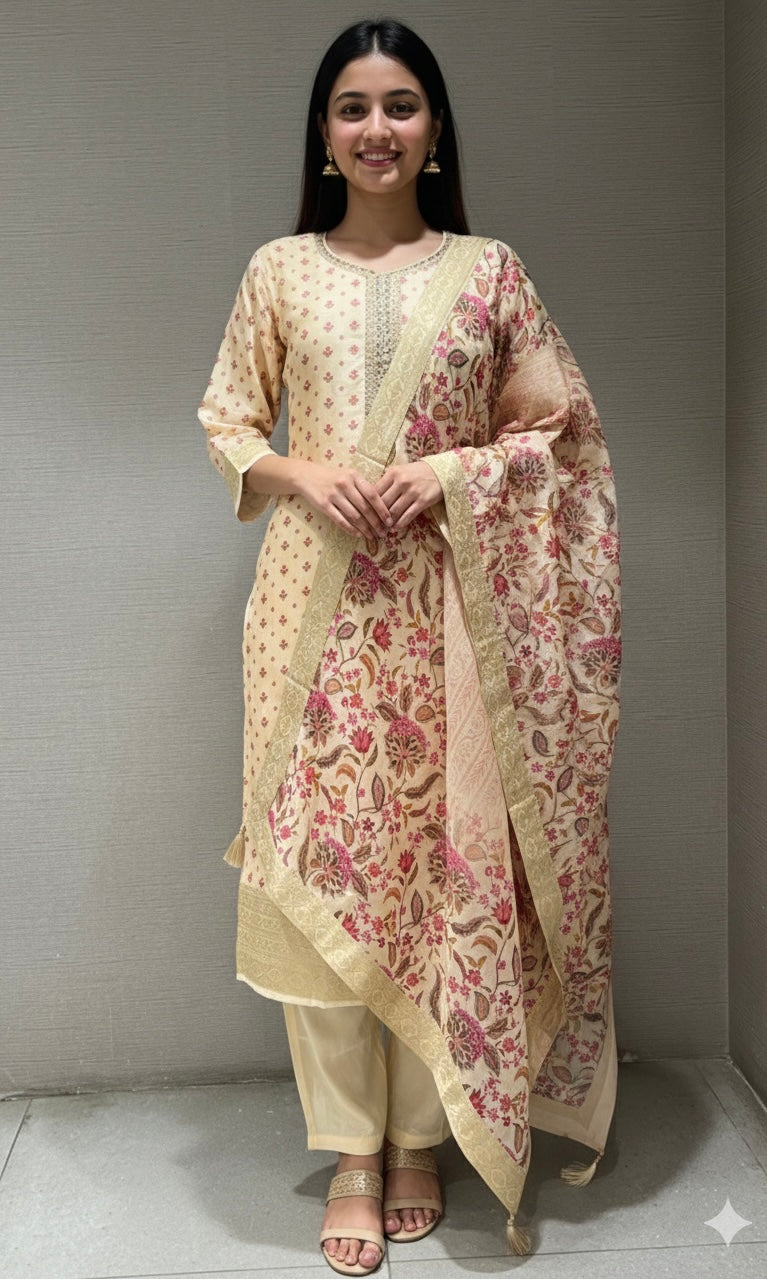 IVORY EMBROIDERED KURTA SET WITH FLORAL DUPATTA