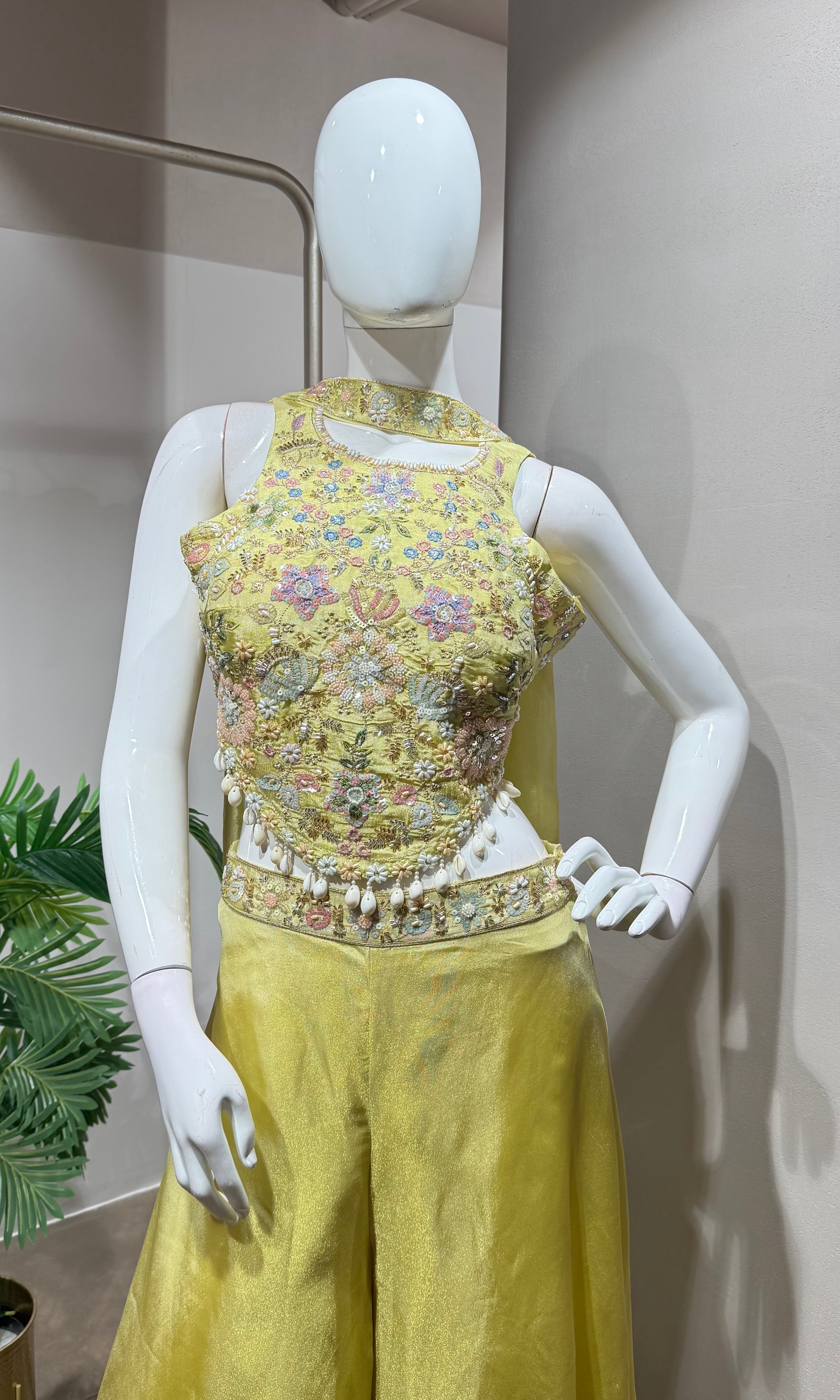 Lime YELLOW Silk Palazzo set with Scalloped Tassel