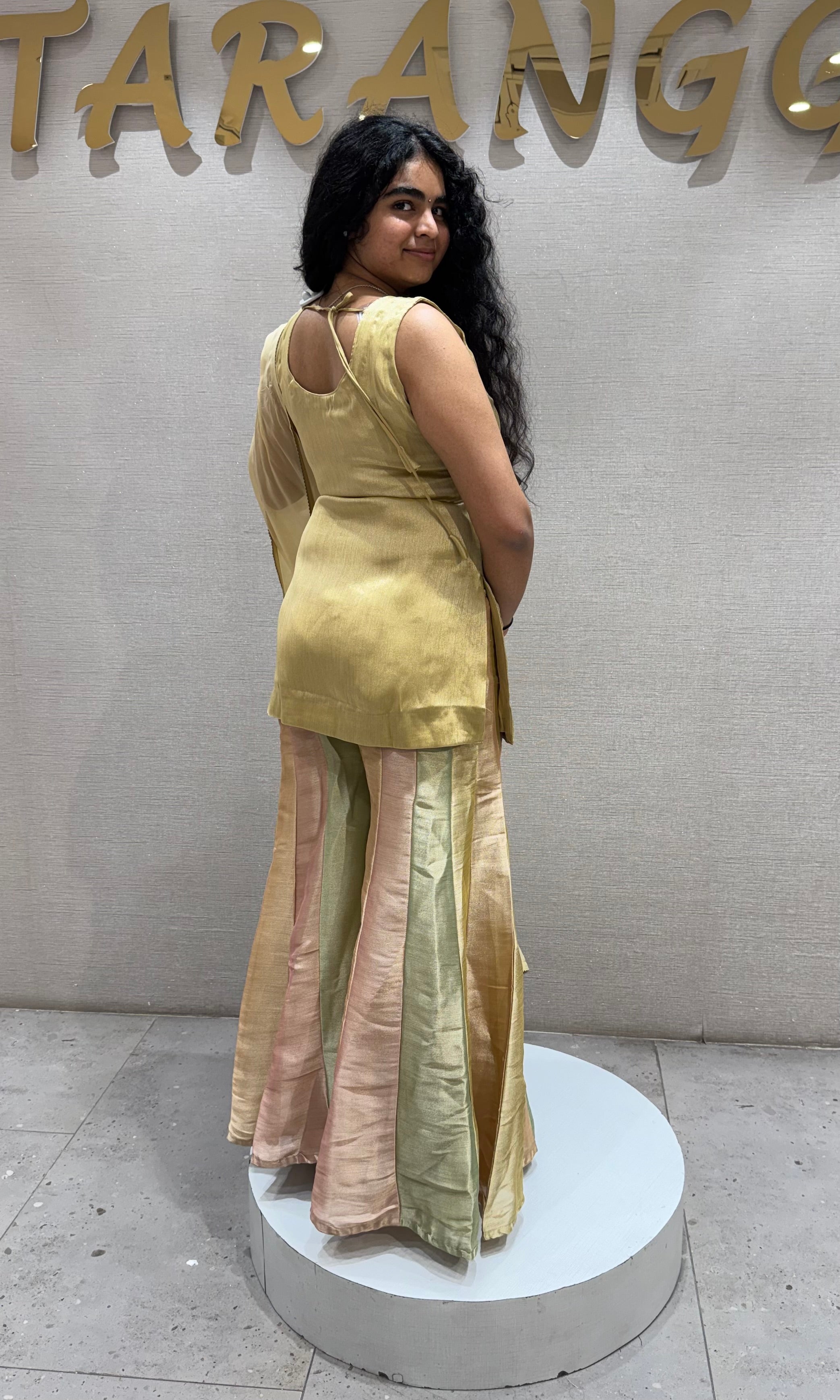 GOLD Tissue Silk Sharara with Floral Embroidery