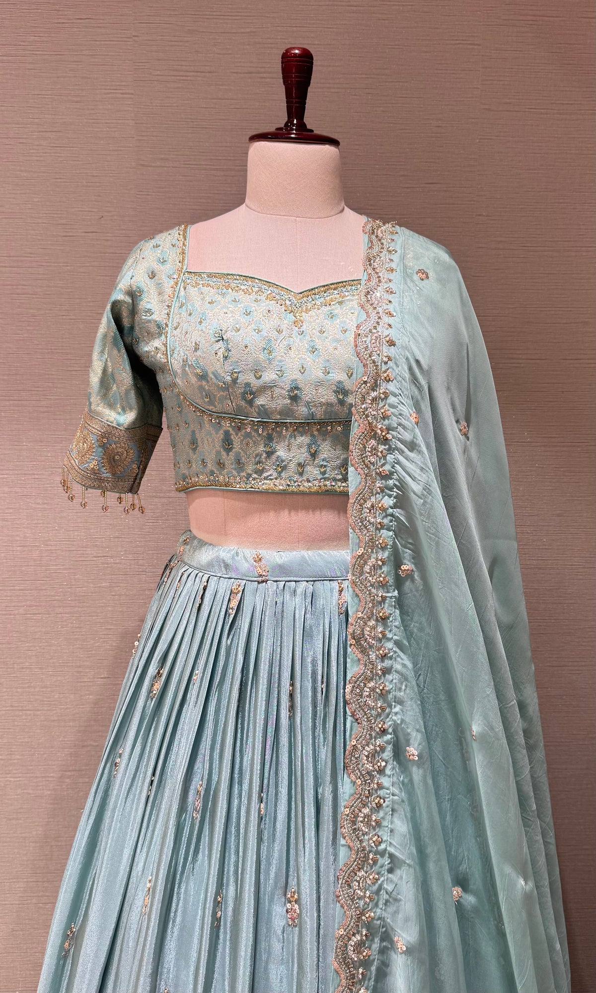 Light blue Sequins Embroidered Tissue Lehenga Choli