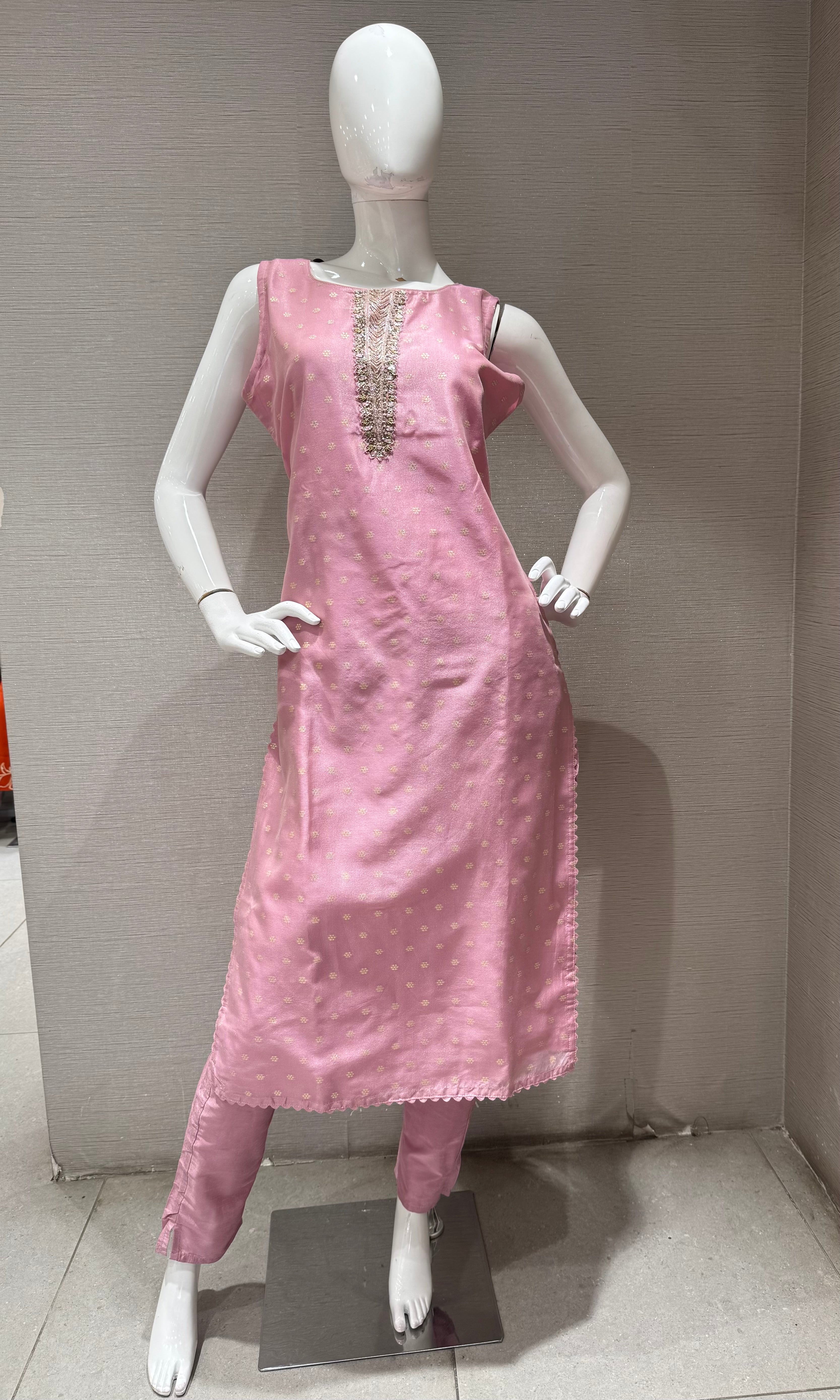 pink kurta set with gold embroidery with sheer dupatta