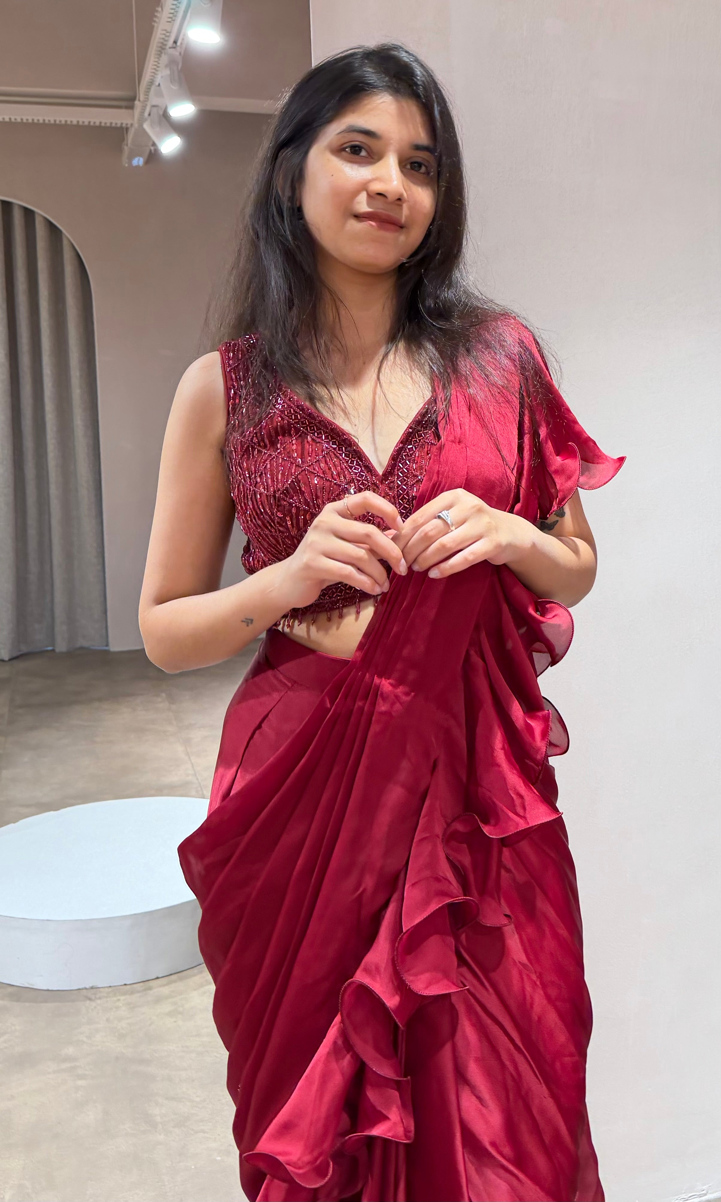 Maroon EMBELLISHED RUFFLE drape saree