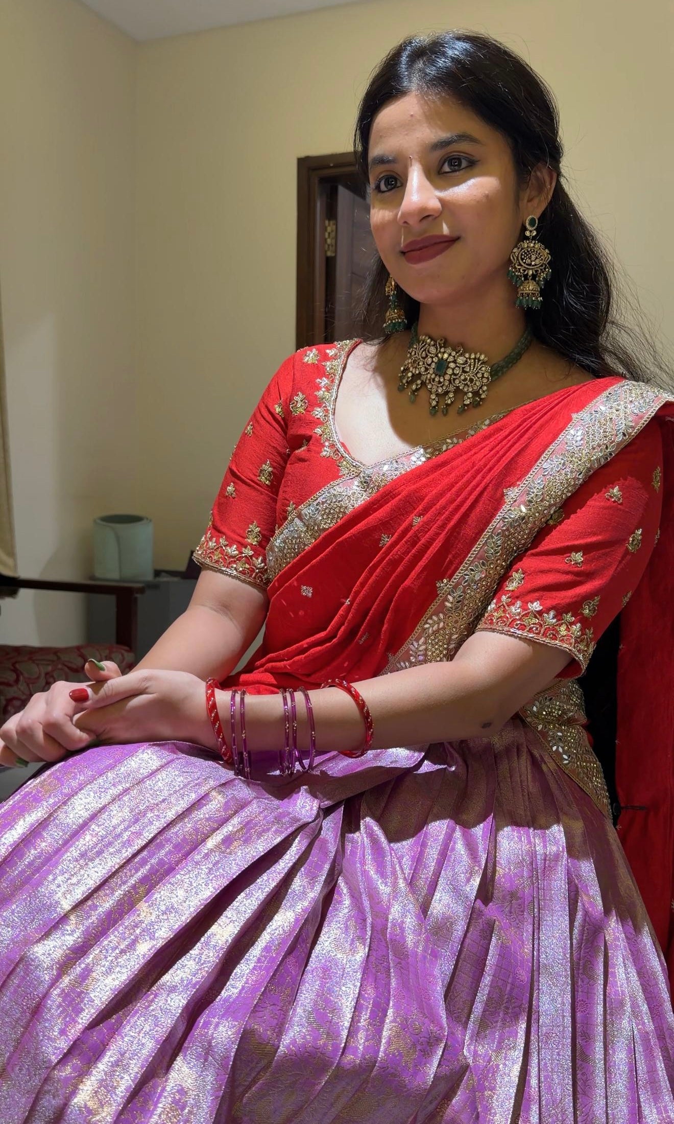 Lavender & Red LEHENGA WITH RAW SILK DUPATTA