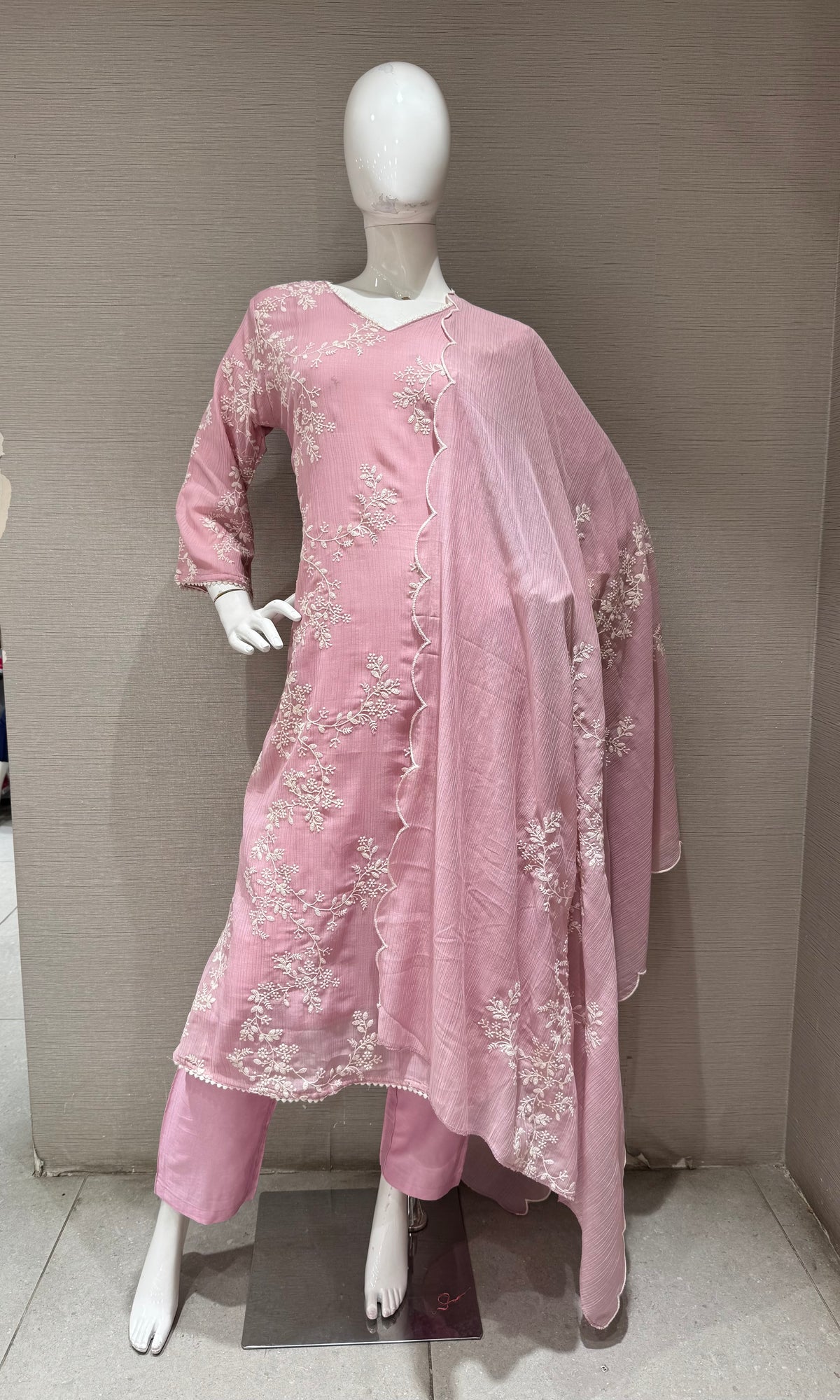 Light Pink Floral cotton Kurta Set with Sheer Dupatta