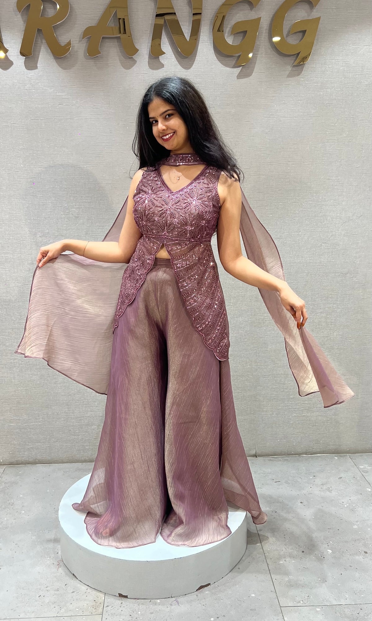 Mauve tissue Silk Palazzo Set with butterfly top & dupatta