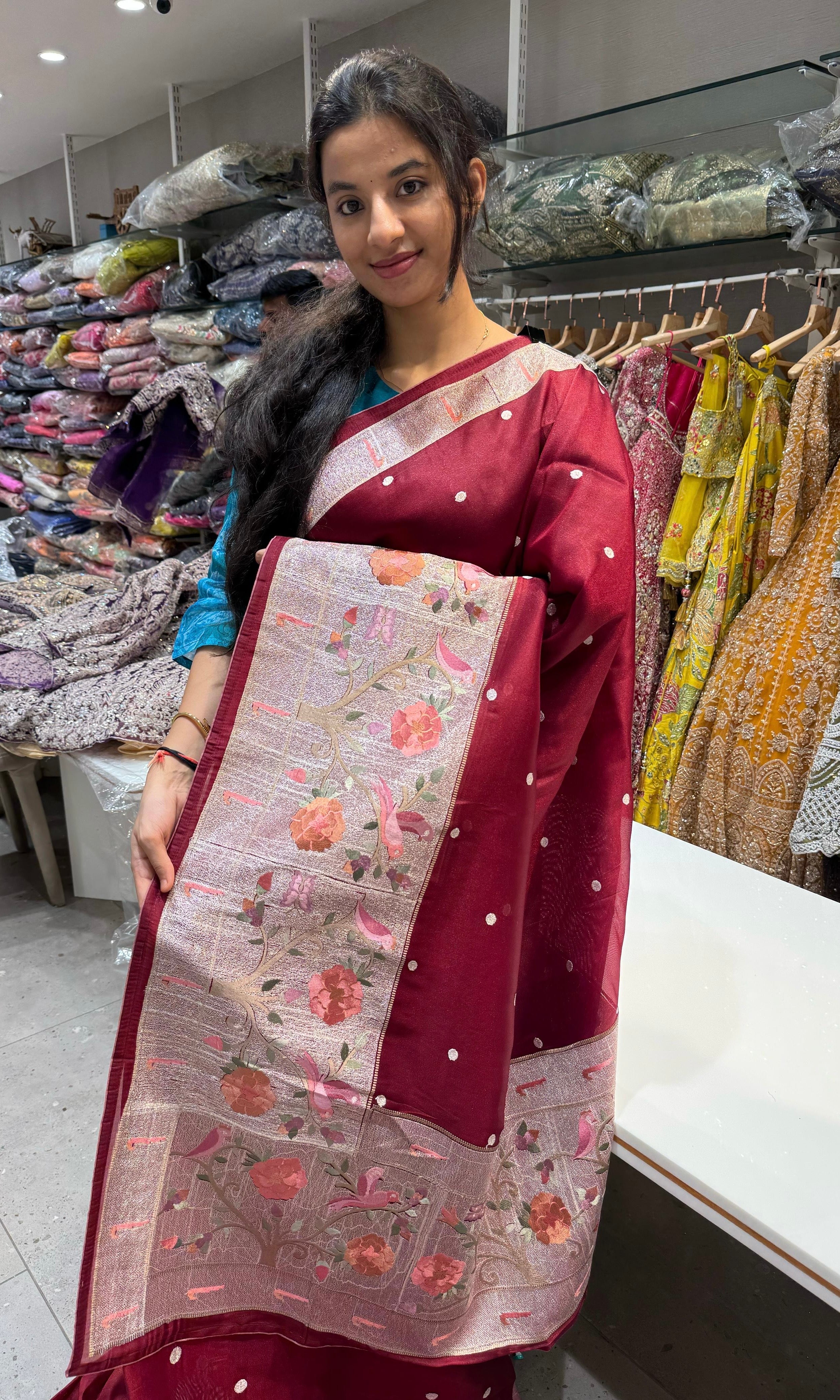 Maroon Soft tissue sarees with paithani embroidery with buta design