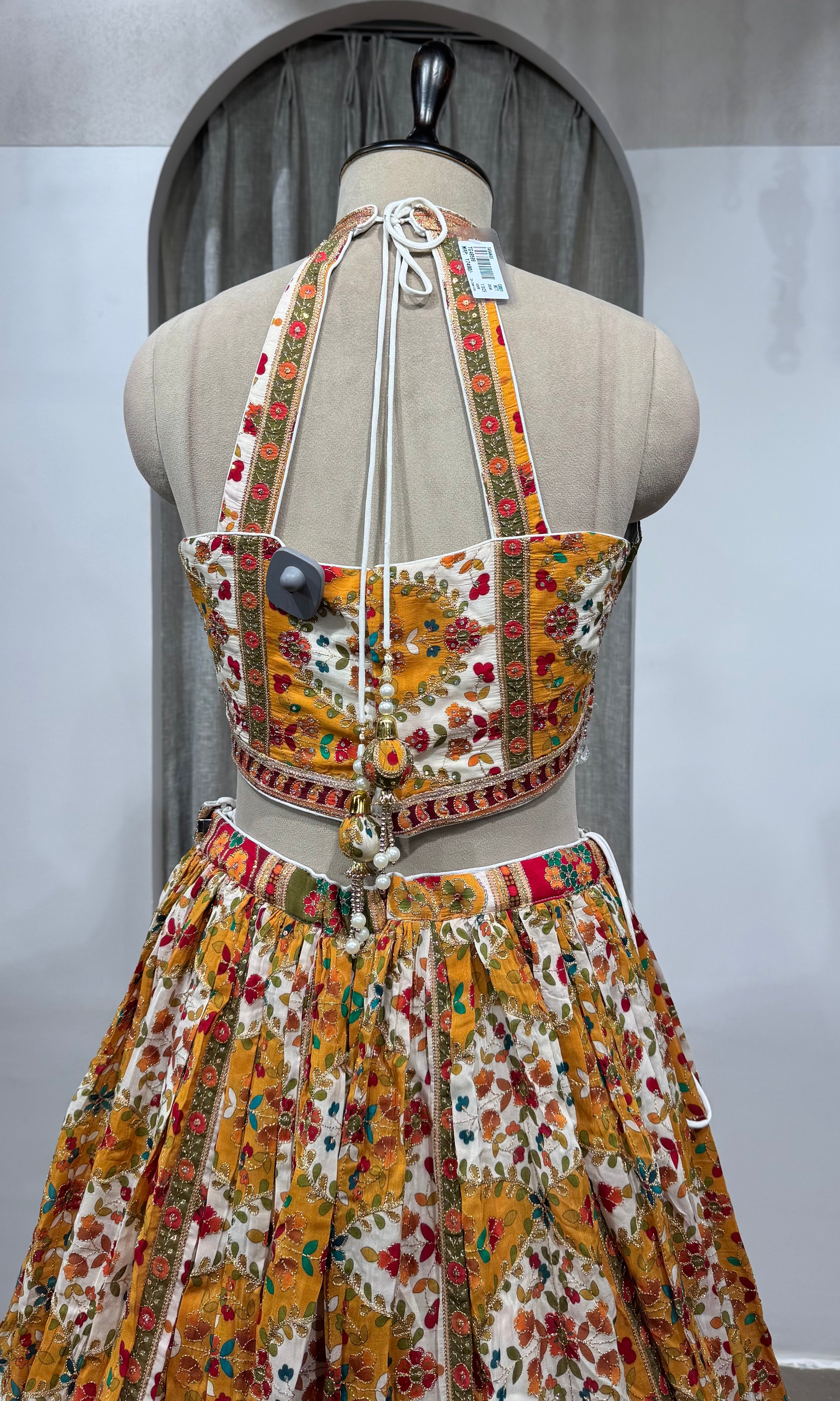 Multicolor Printed halter neck embroidered lehenga