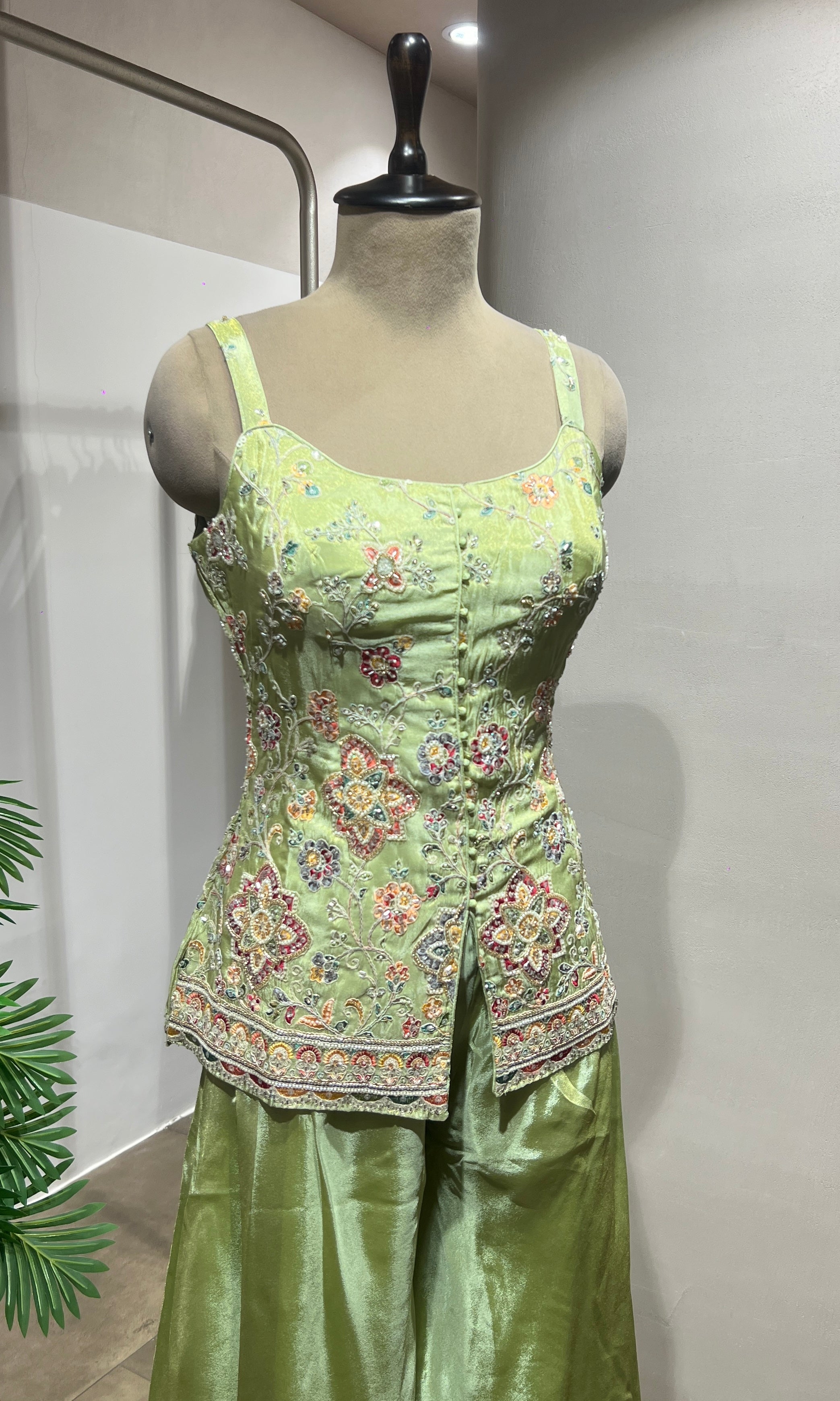 Green Embroidered Peplum & Palazzo suit