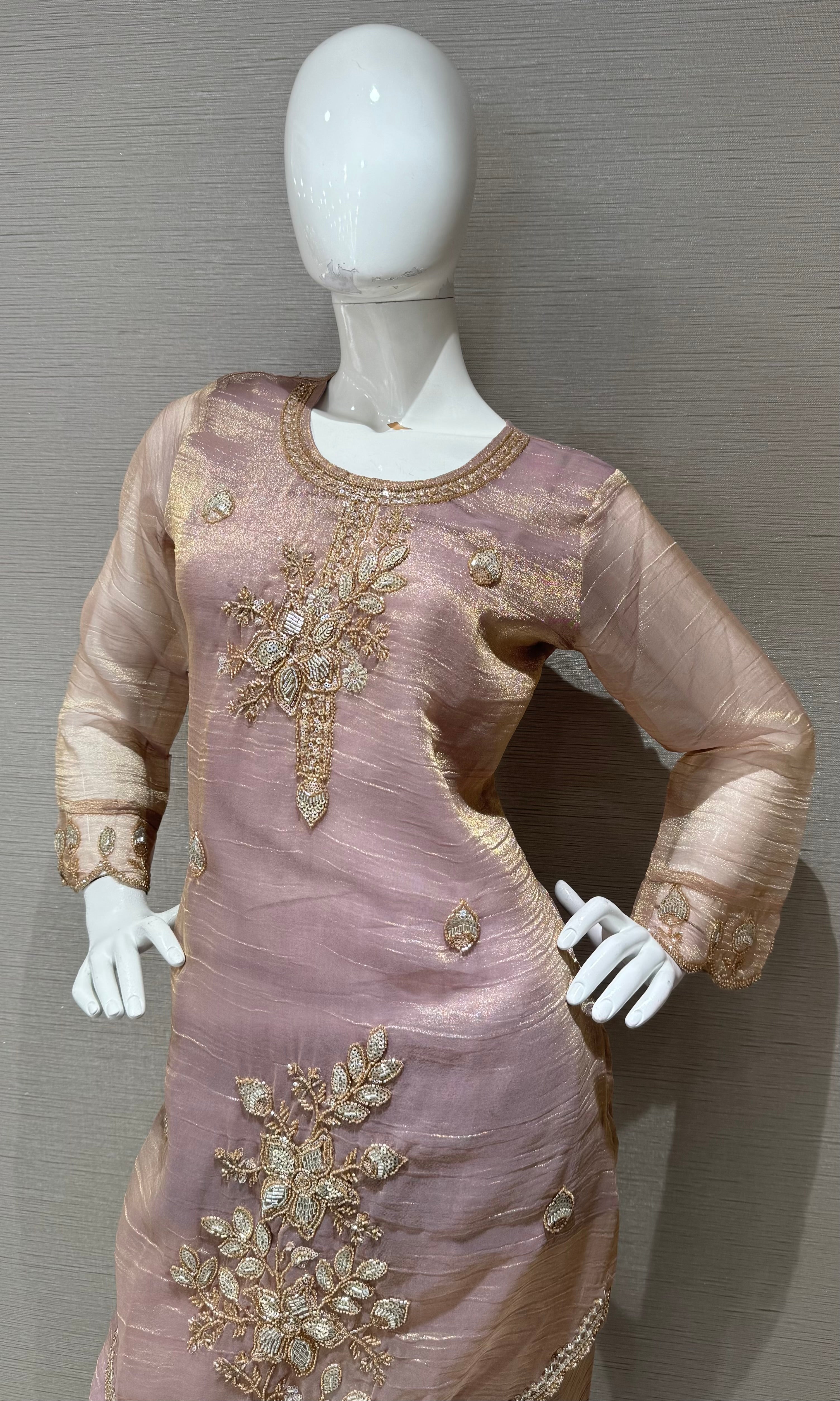 Moee tissue kurta set with short top & wide pants