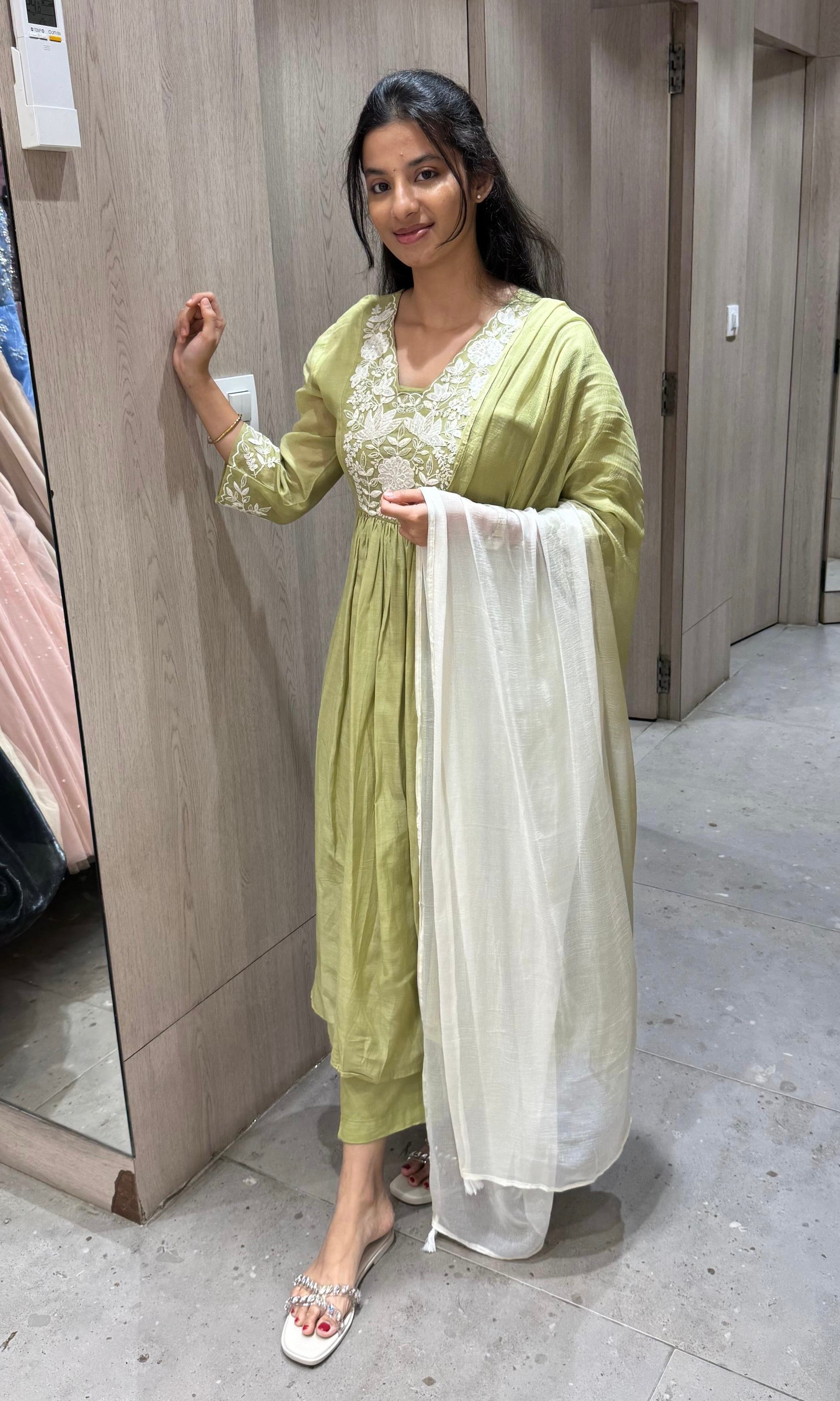 matcha green MUL CHANDERI anarkali kurta set