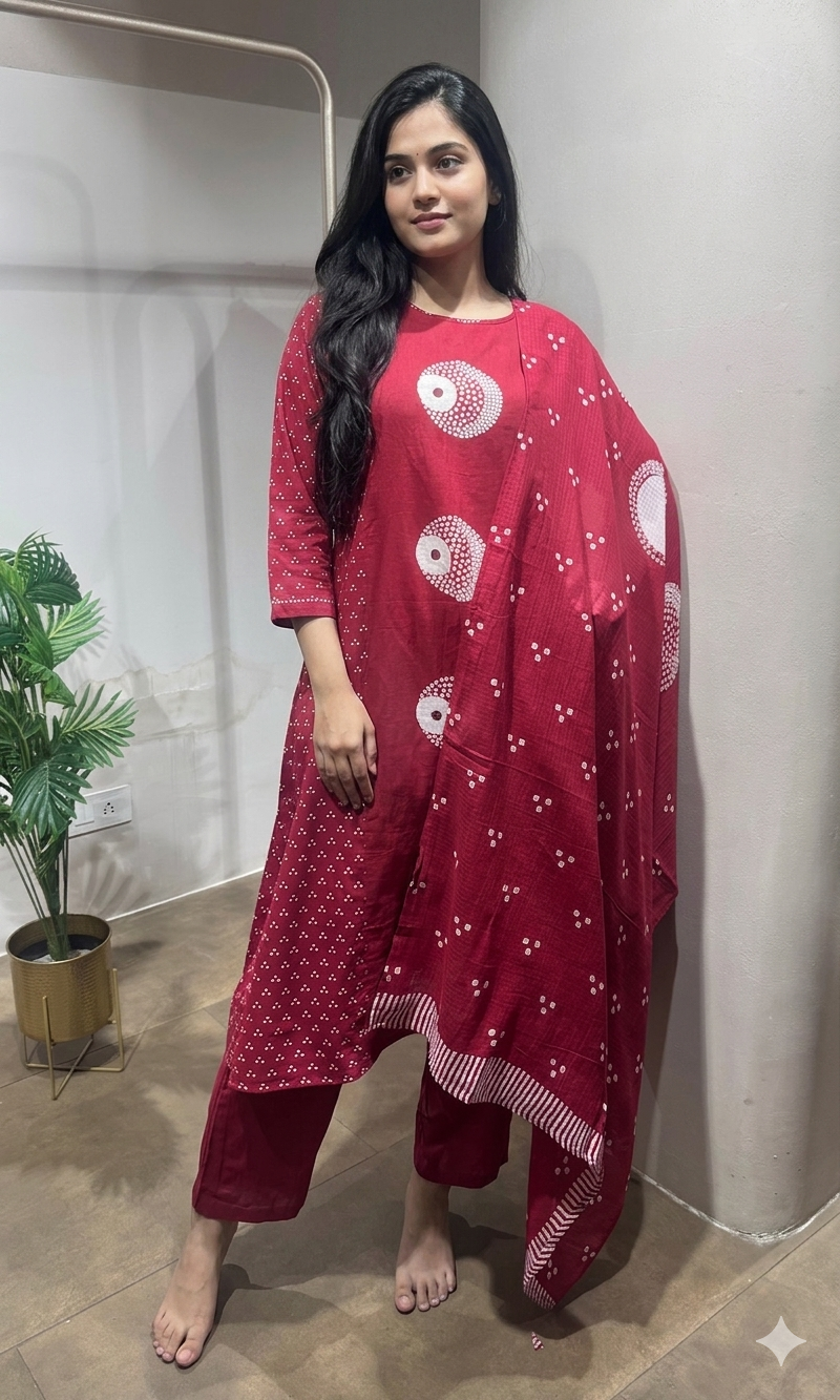 Red Cotton Bandhani Printed Kurta Set