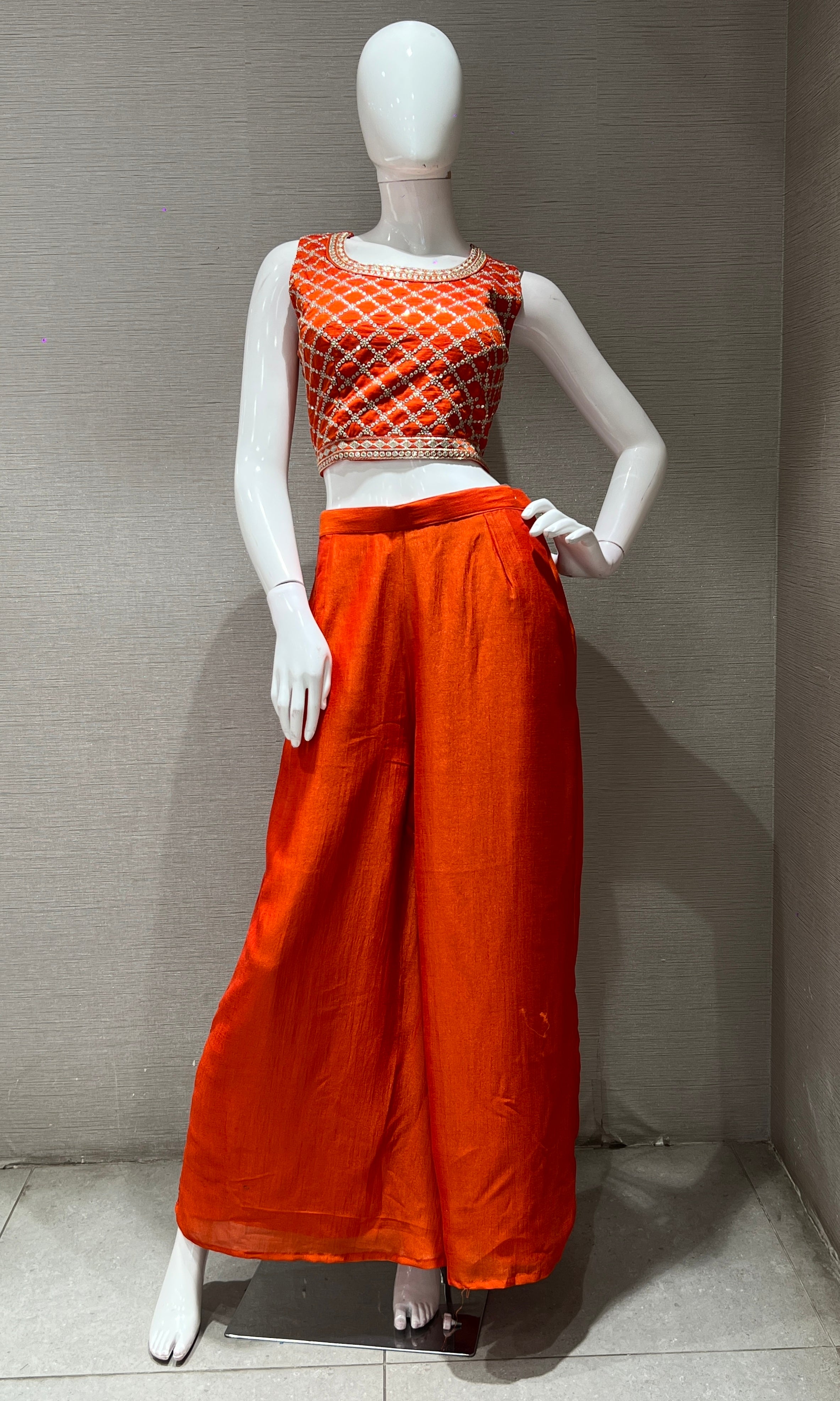 Orange EMBROIDERED JACKET STYLE PALAZOO SET