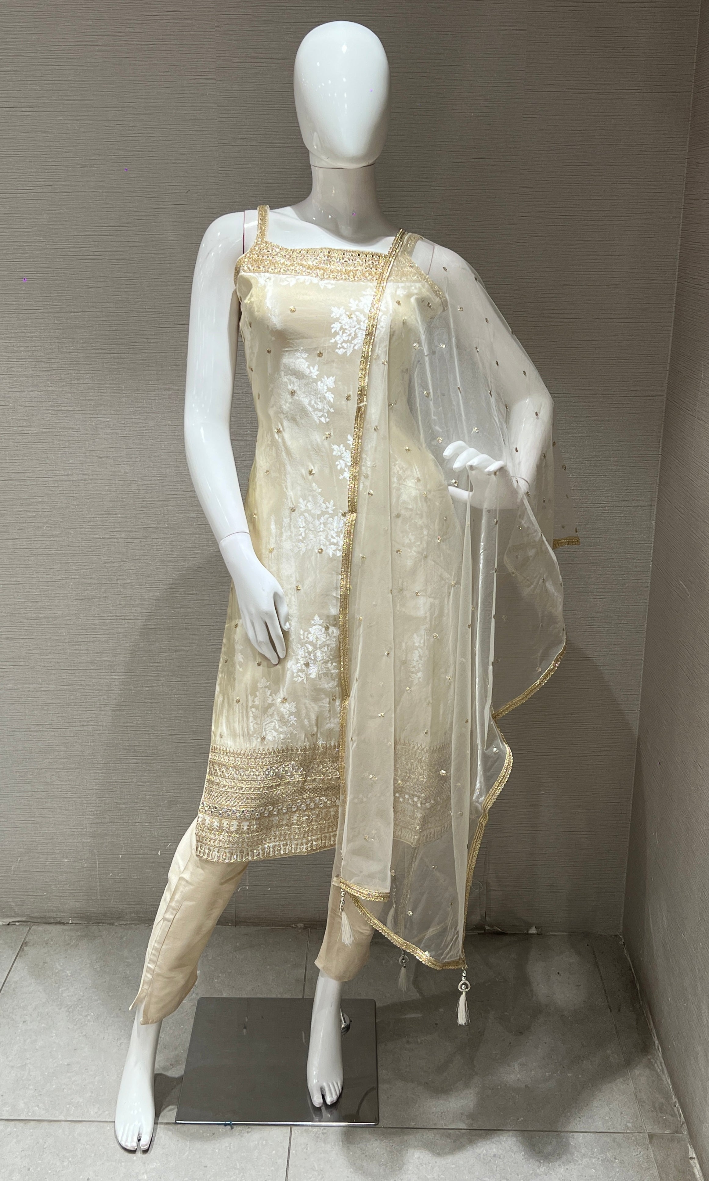 Cream and Gold Embroidered Kurta set