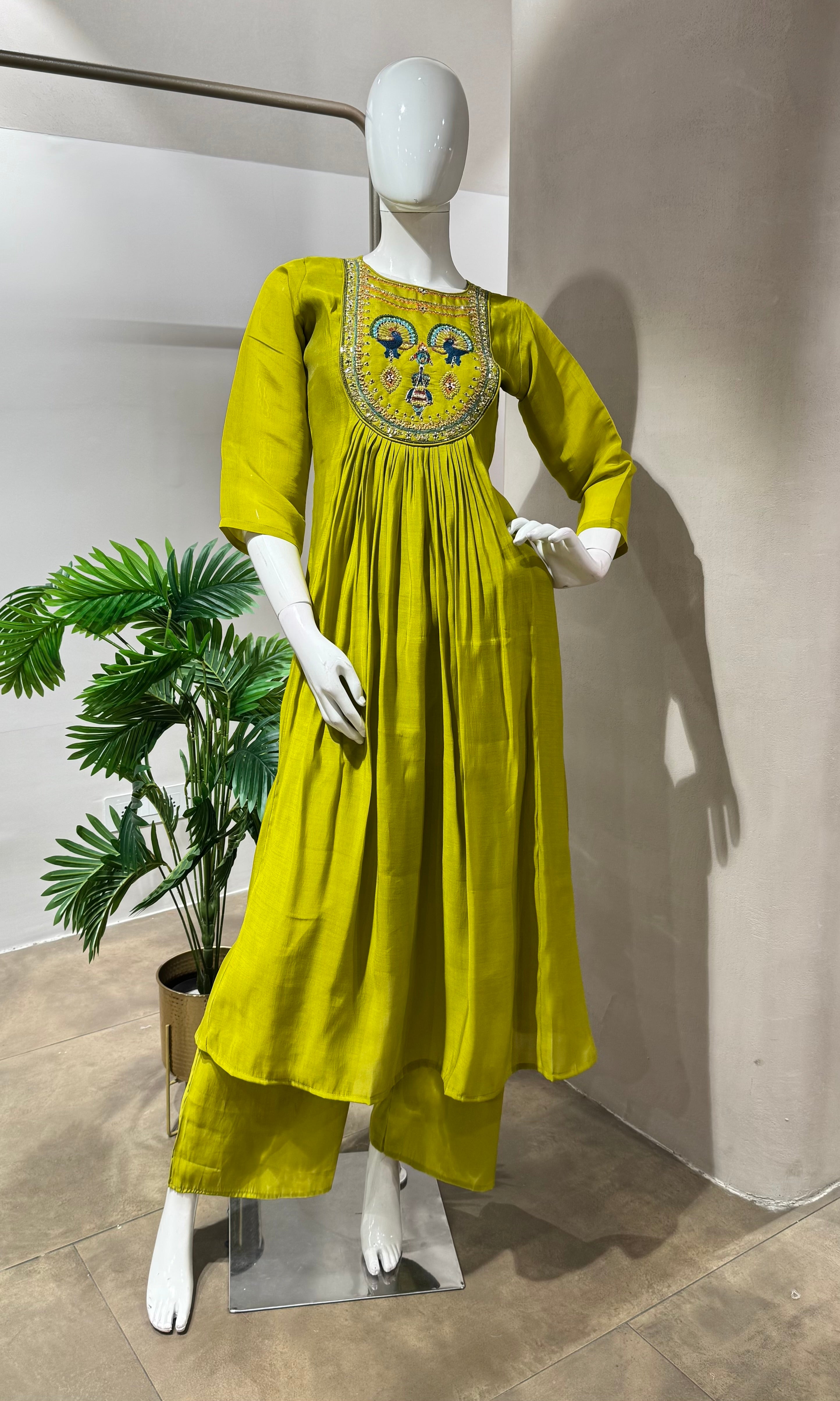 GREEN PEACOCK MUL CHANDERI KURTA SET