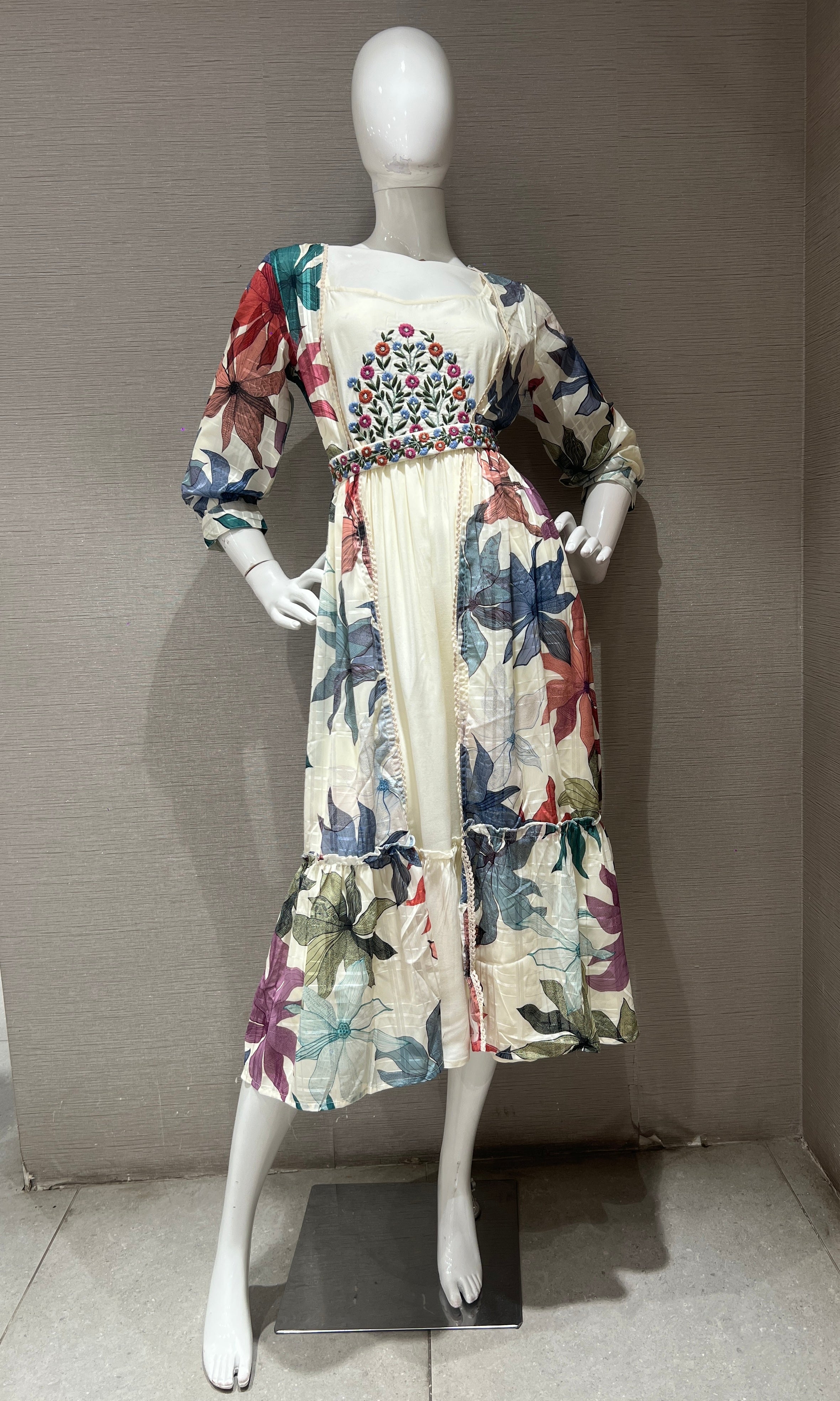 Cream Floral Print Festive Tiered Fusion frock