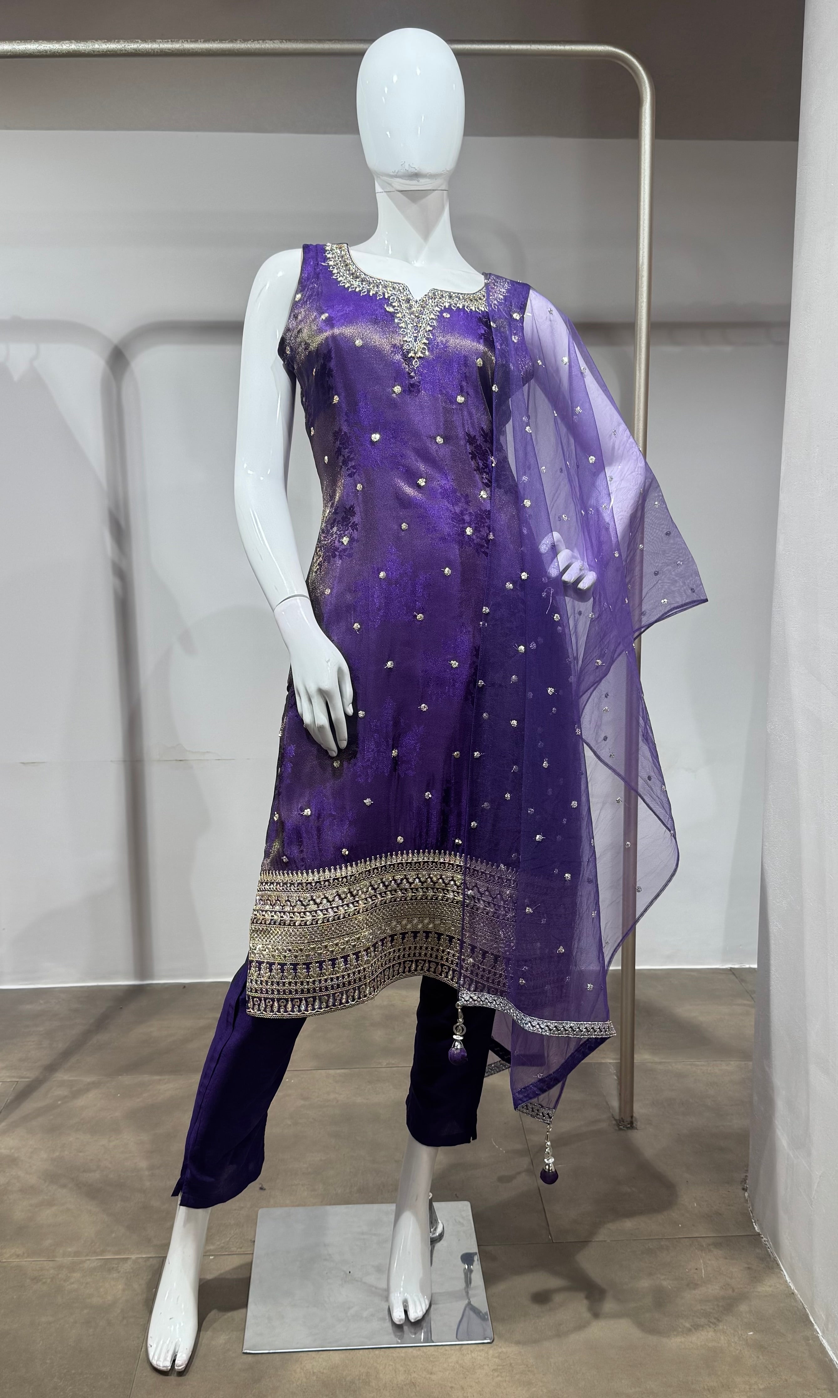 purple and gold embroidered kurta set