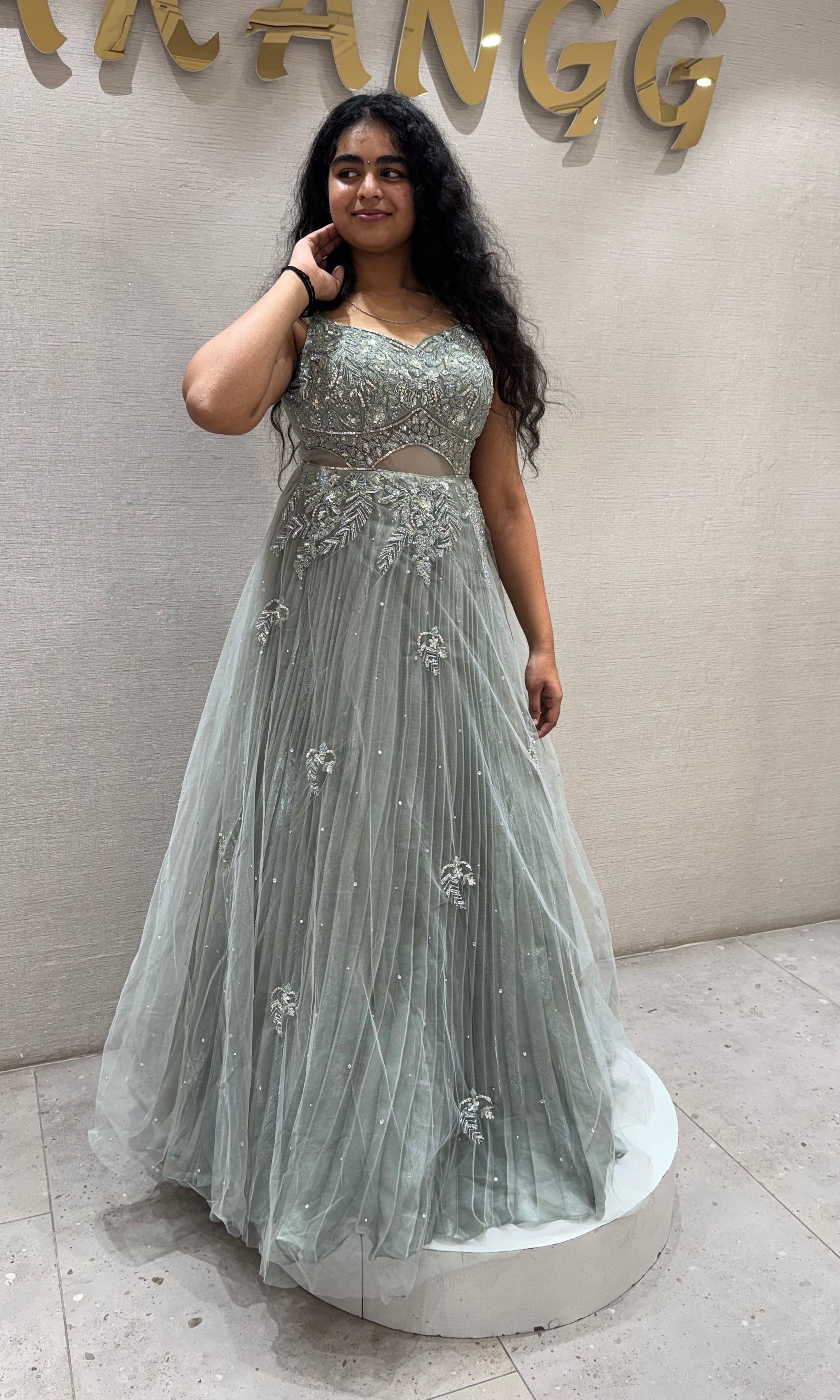 Pastel Green Sage Floral Applique Gown