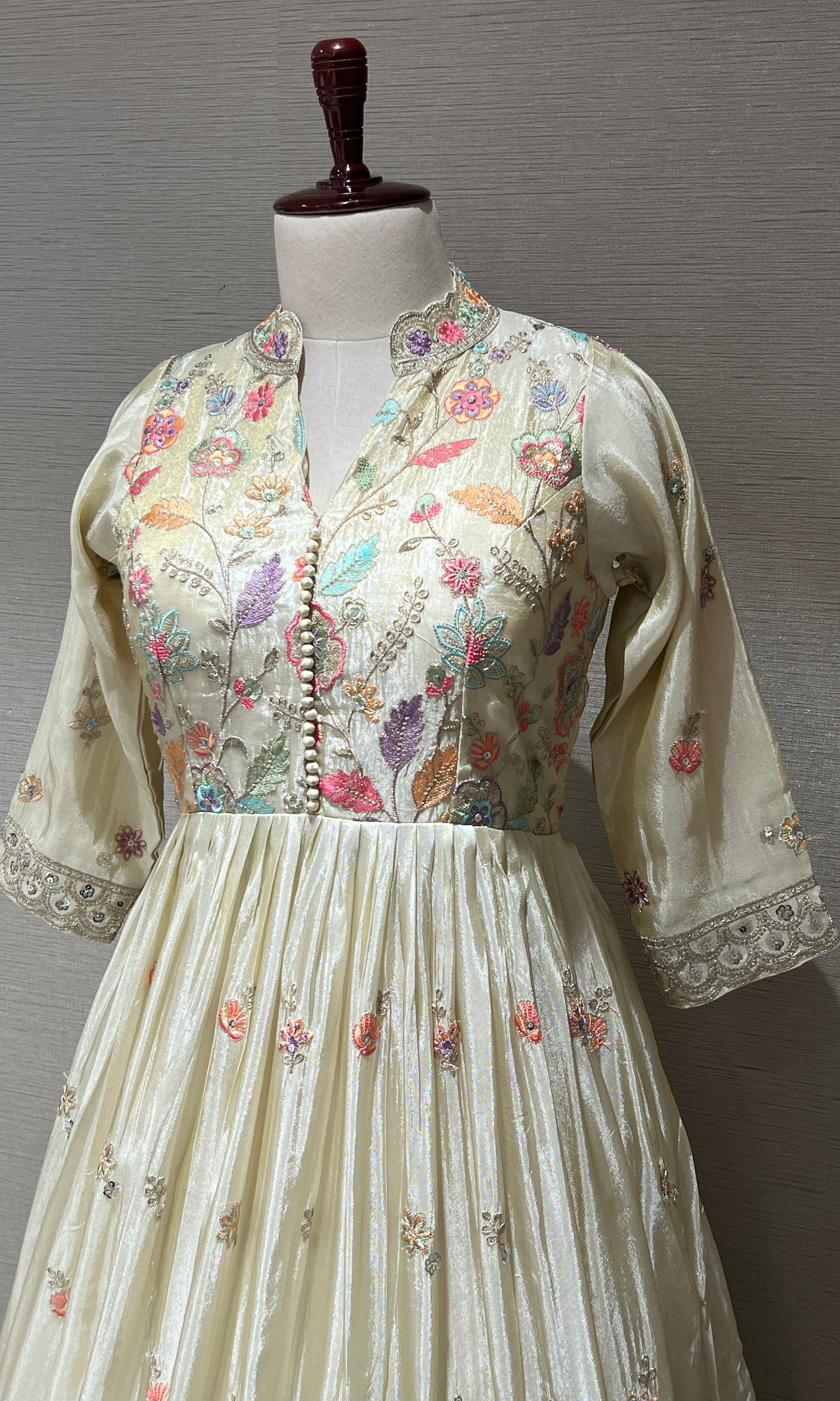 Pearl Glow Cream Anarkali Long Gown with Floral Detailing