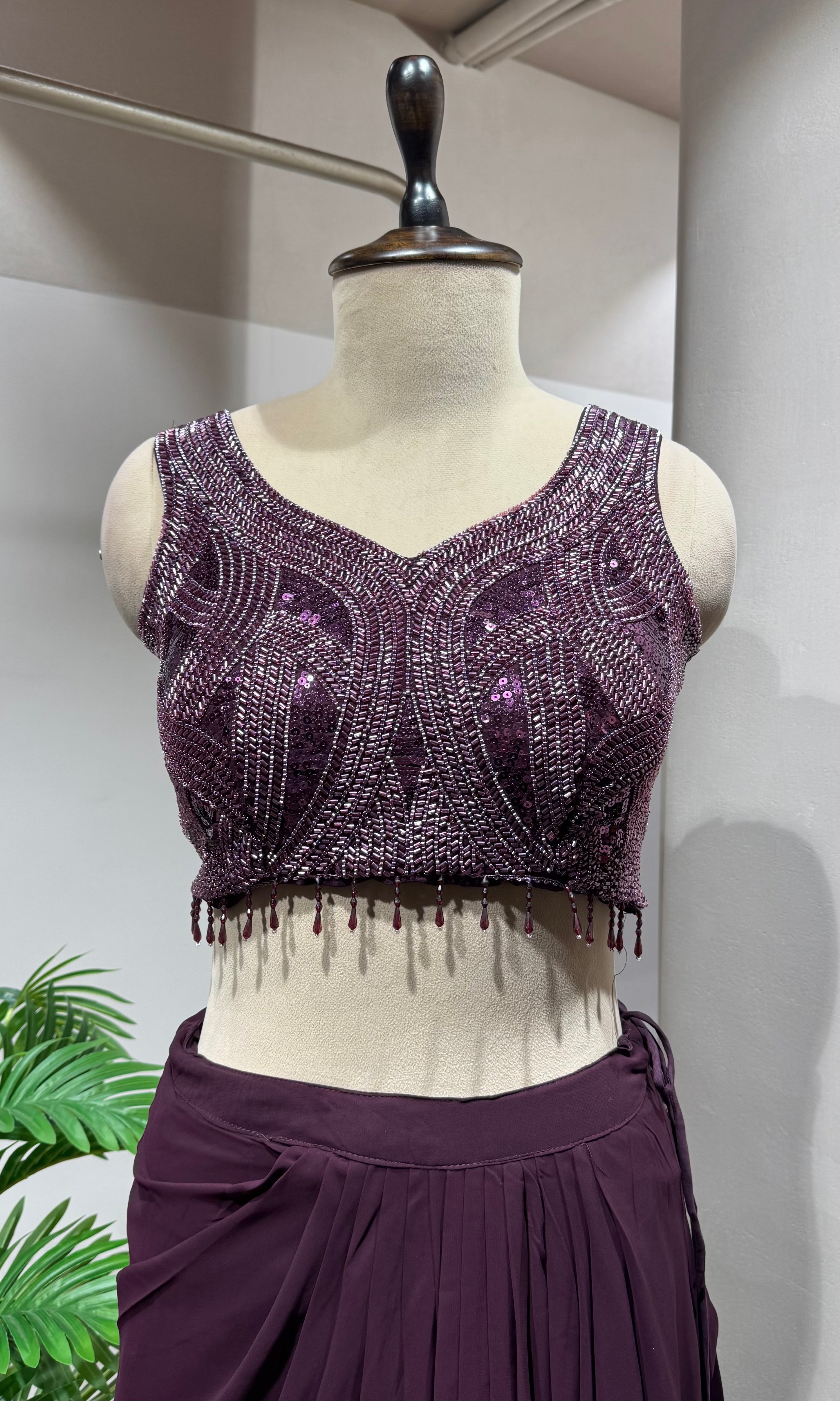Wine Embellished Drape skirt Set with Flowing Cape