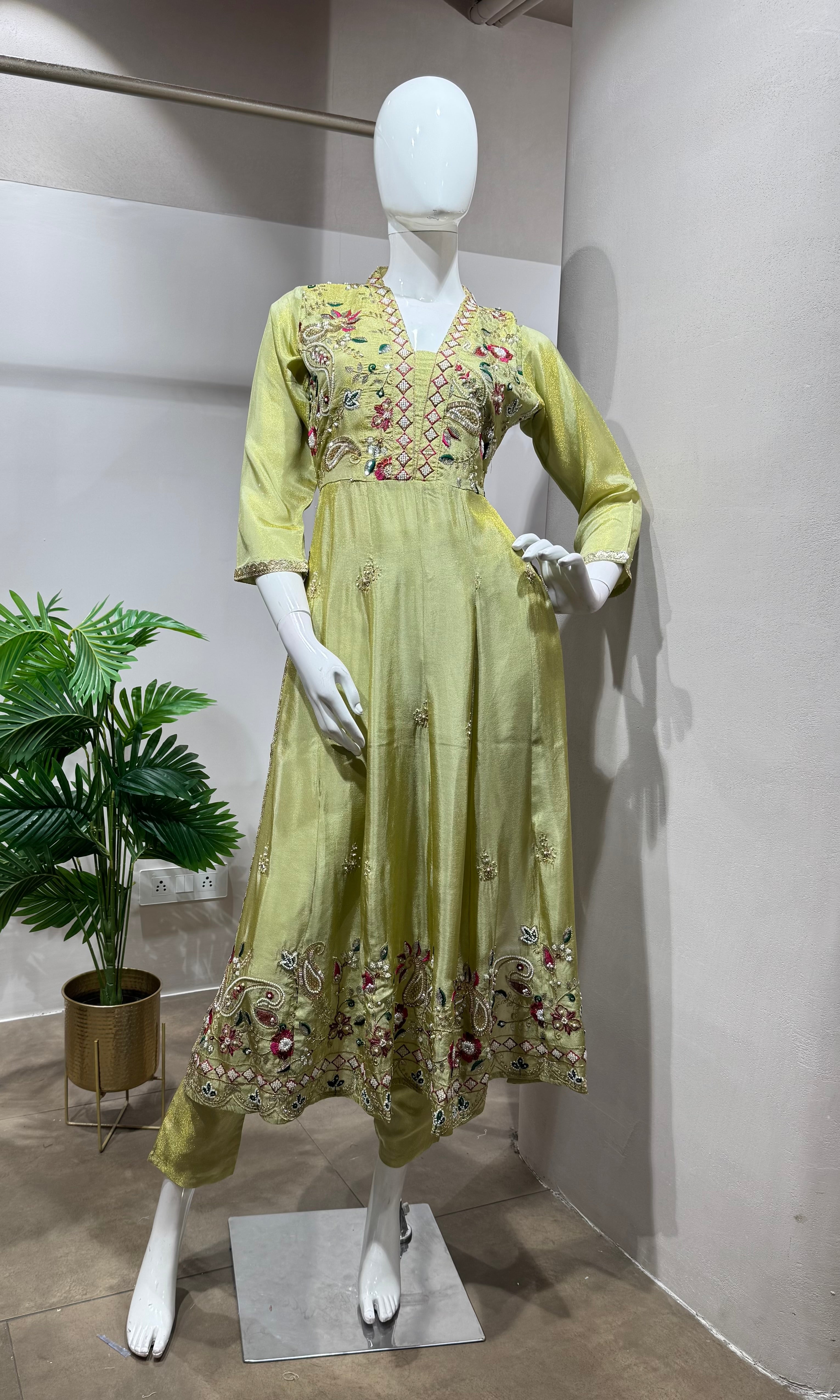 Pista Green Floral design Anarkali kurta set