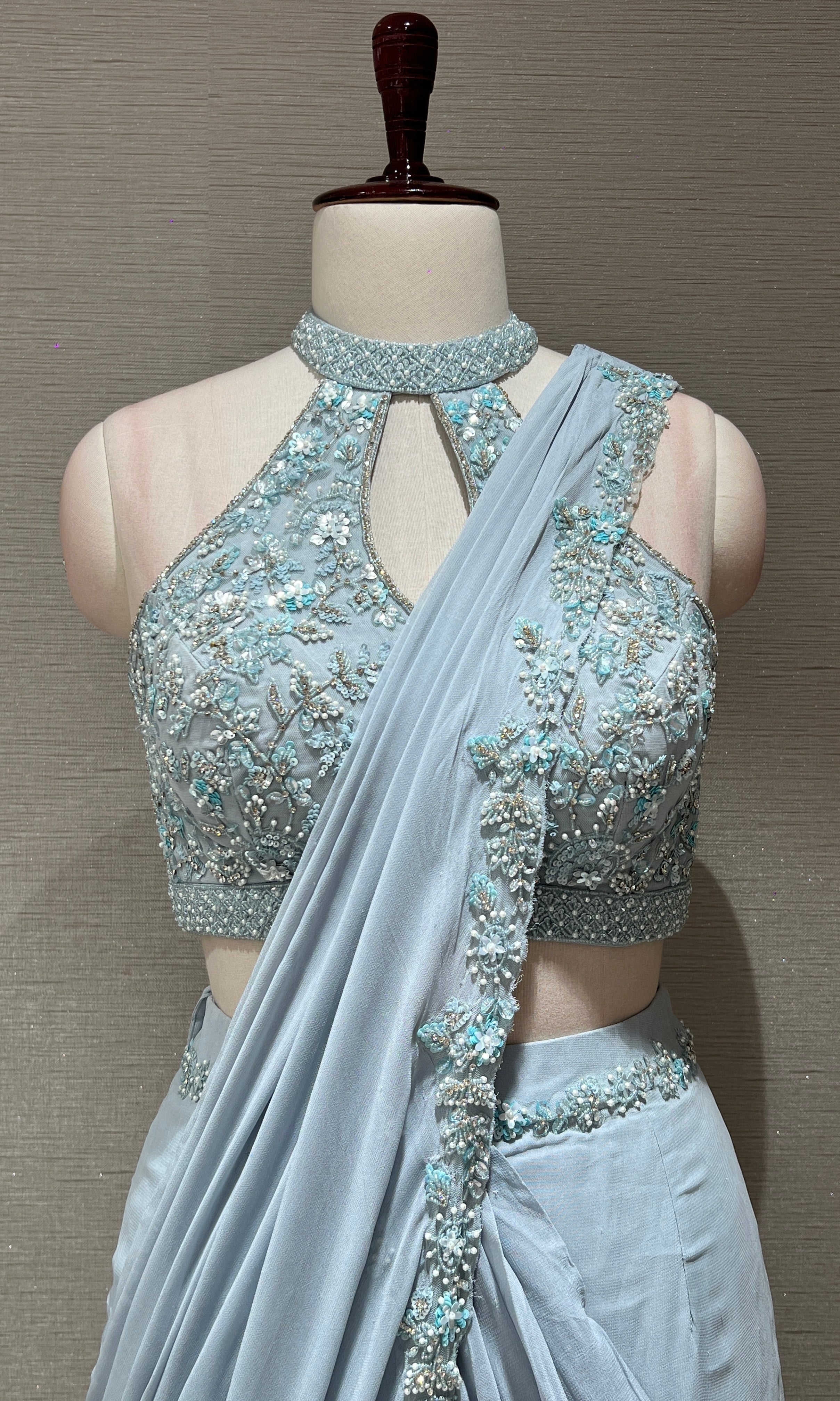 Sea Blue Draped Saree with Halter Blouse