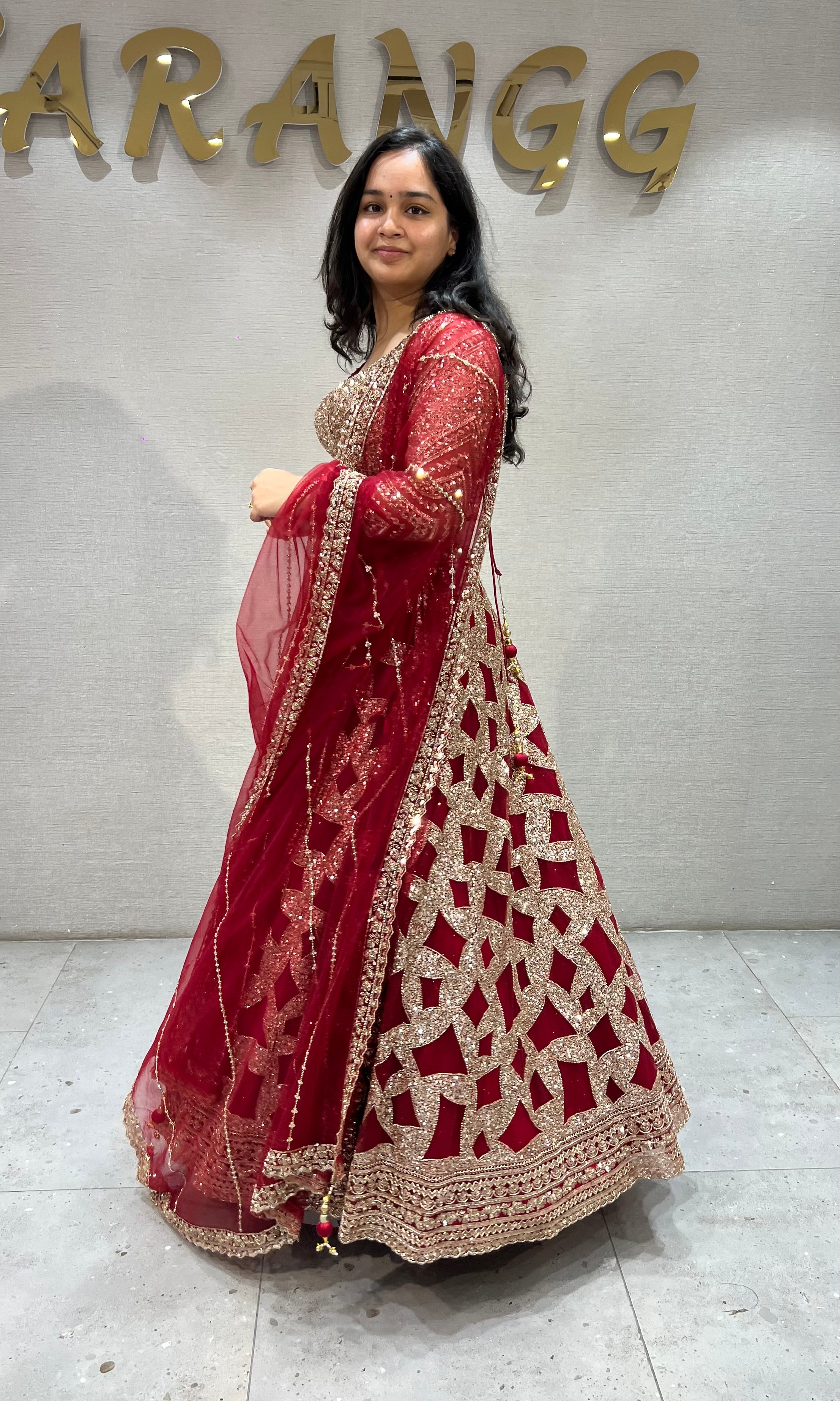 Maroon Geometric golden Bridal Lehenga
